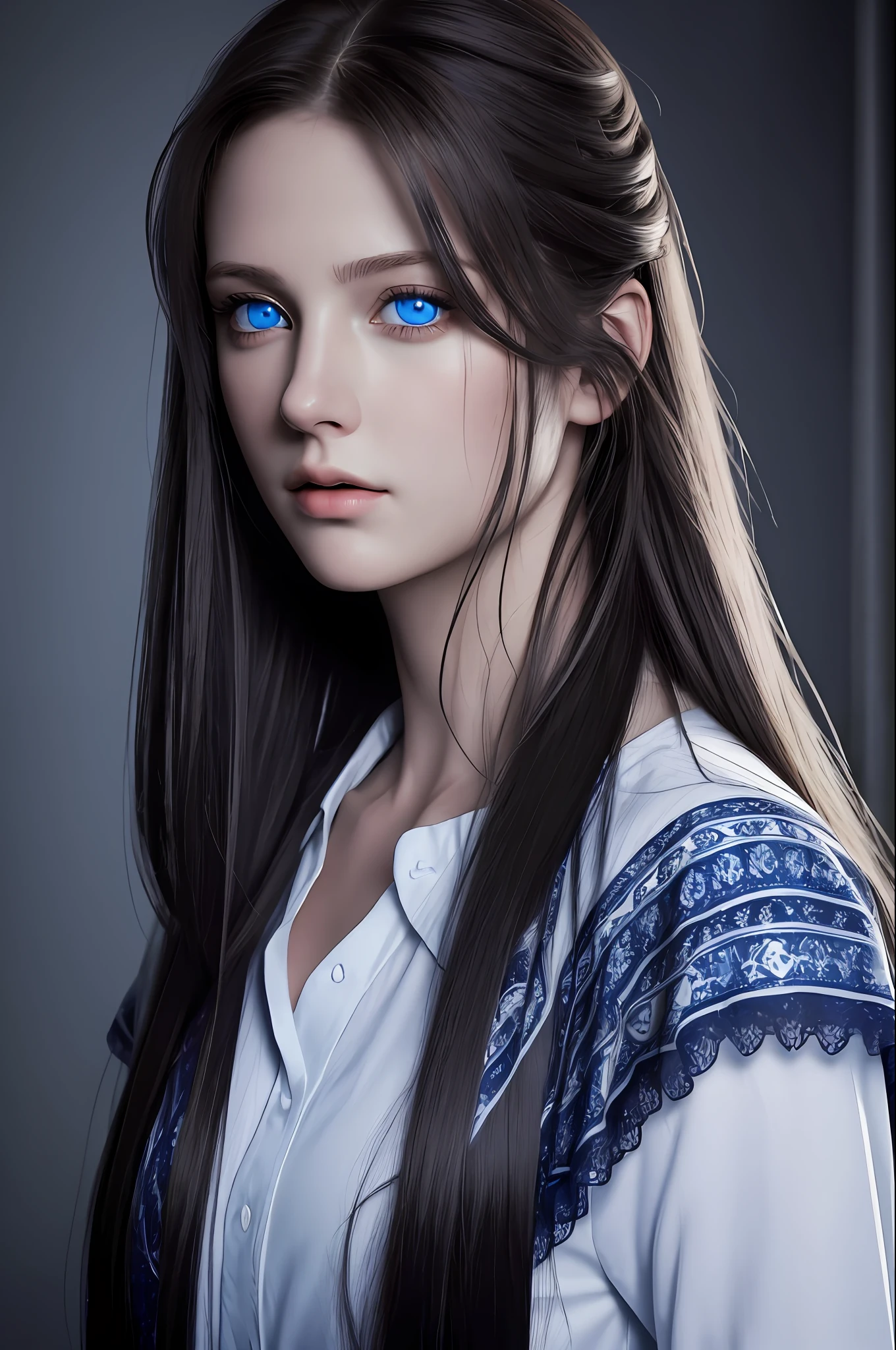 Best quality, masterpiece, ultra high res, (photorealistic:1.37), raw photo, 1girl, long hair, blue eyes, detailed eyes and face, white shirt, dynamic lighting, in the dark, deep shadow, low key, cowboy shot