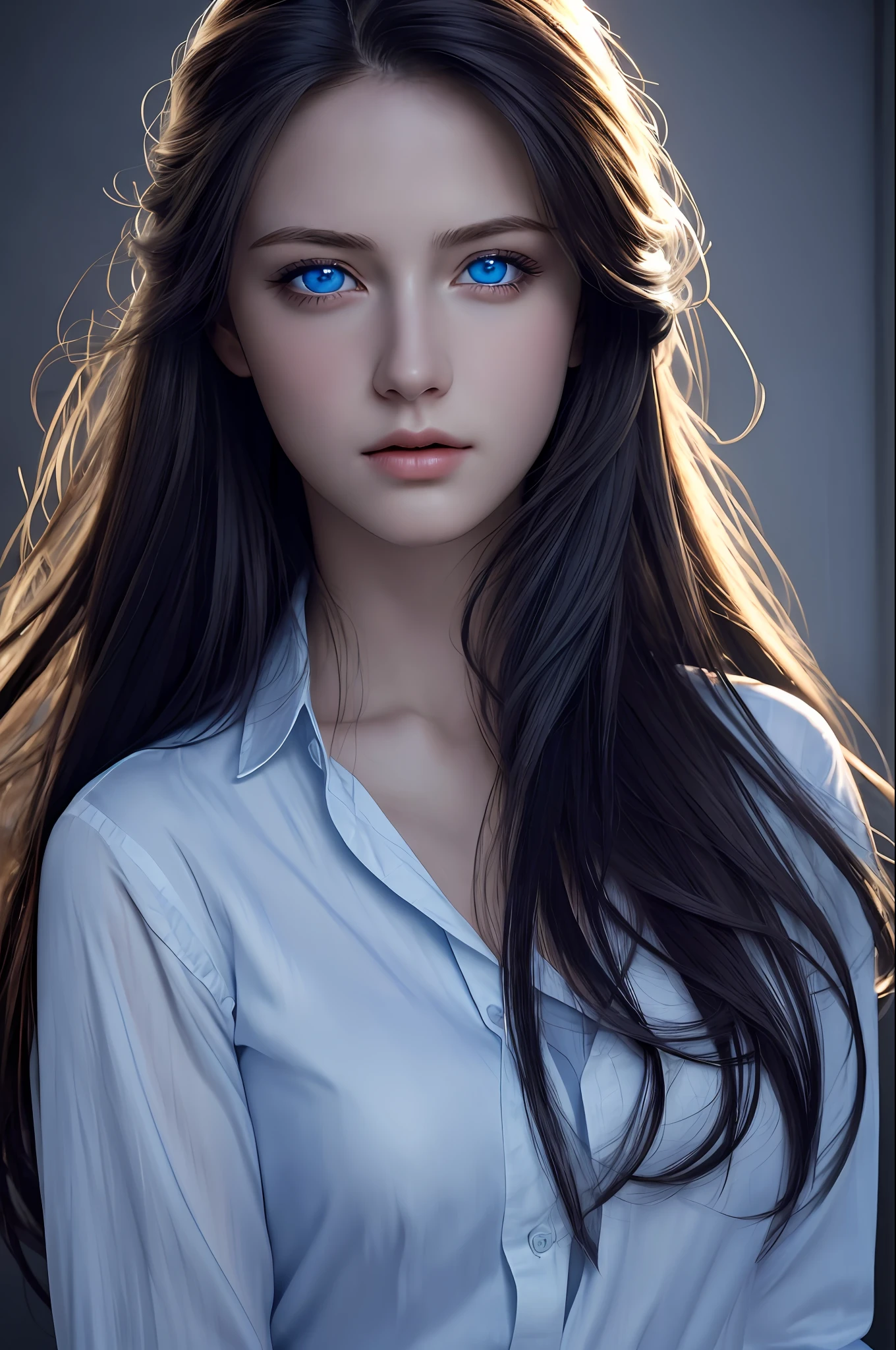 Best quality, masterpiece, ultra high res, (photorealistic:1.37), raw photo, 1girl, long hair, blue eyes, detailed eyes and face, white shirt, dynamic lighting, in the dark, deep shadow, low key, cowboy shot