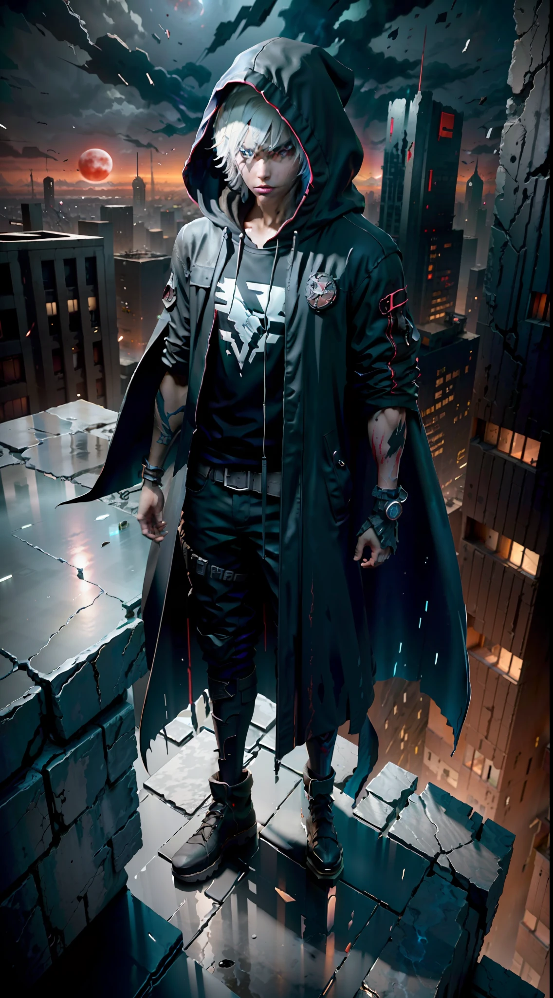 1boy,standing on a ledge overlooking a city at night, stylized urban fantasy art, hooded hooded Sith Lord, digital cyberpunk anime art, blood moon background, wearing hooded science fiction cape, digital cyberpunk - anime art, modern science fiction anime, dark cyberpunk illustration, anime cyberpunk art, hooded cyberpunk anime boy during a blood moon,rendered in Unreal Engine, peeled ceilings, broken slabs, steel bars between cracks, realistic material details, extreme details, hyper-realistic materials, photos of internal ruins, Unreal Engine rendering concept art, broken walls, Unreal Engine art, dramatic lighting. Concept art, rendered in Unreal 5, ((Unreal Engine)), Unreal Engine Art 5