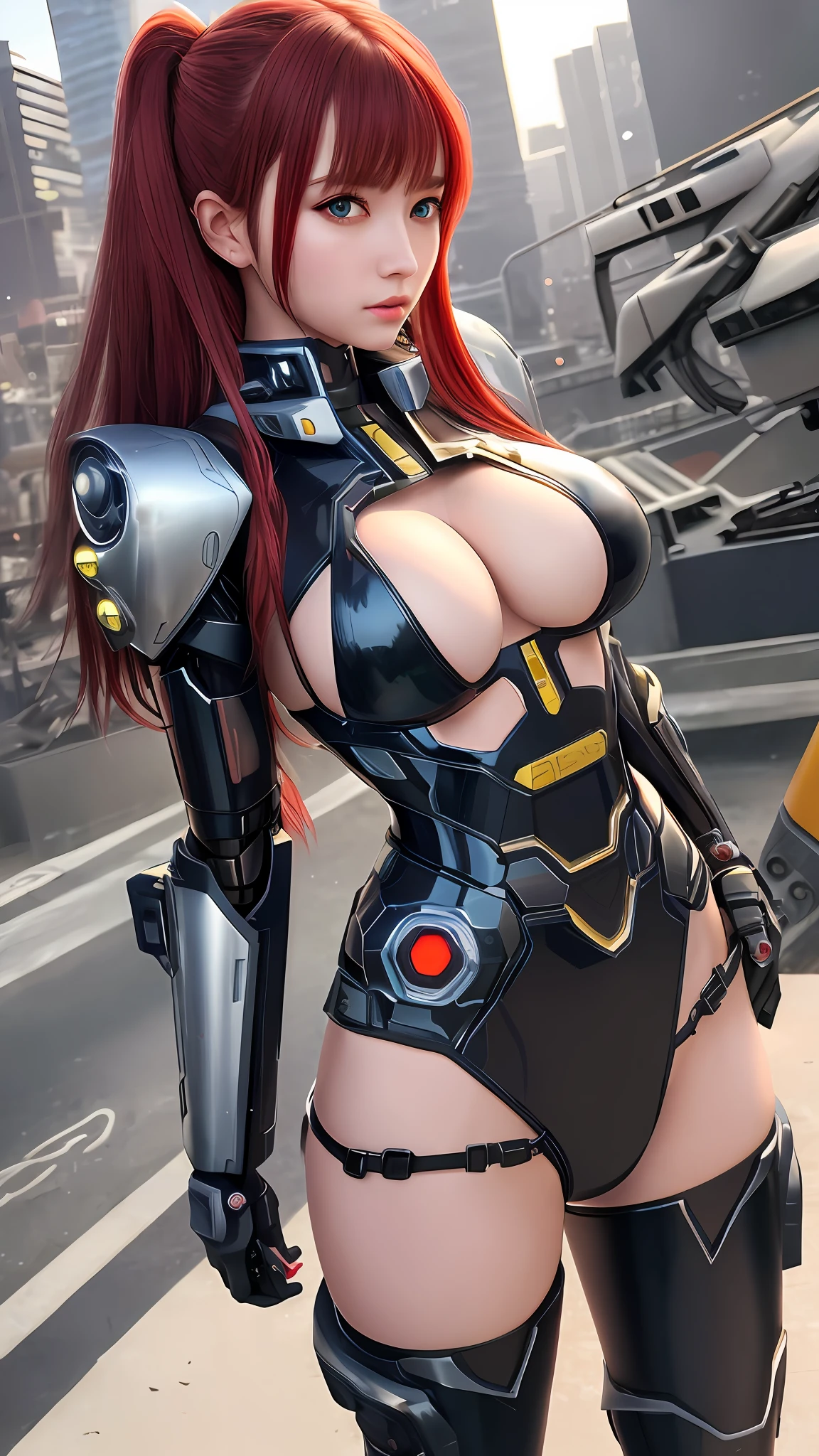 (8k, masterpiece, best quality), ultra-detailed, detailed beautiful round eyes, beautifully detailed face, (beautiful detailed boobs), high quality, high resolution, armor girl wearing sexy outfit, massive breast, (see-through dress:1.2), mecha, ruins of city, perfect ass, perfect boobs, perfect face, perfect skin, nighttime, sexy body, red hair, hands on, (long hair:1), female mecha, cyberpunk, (seductive)