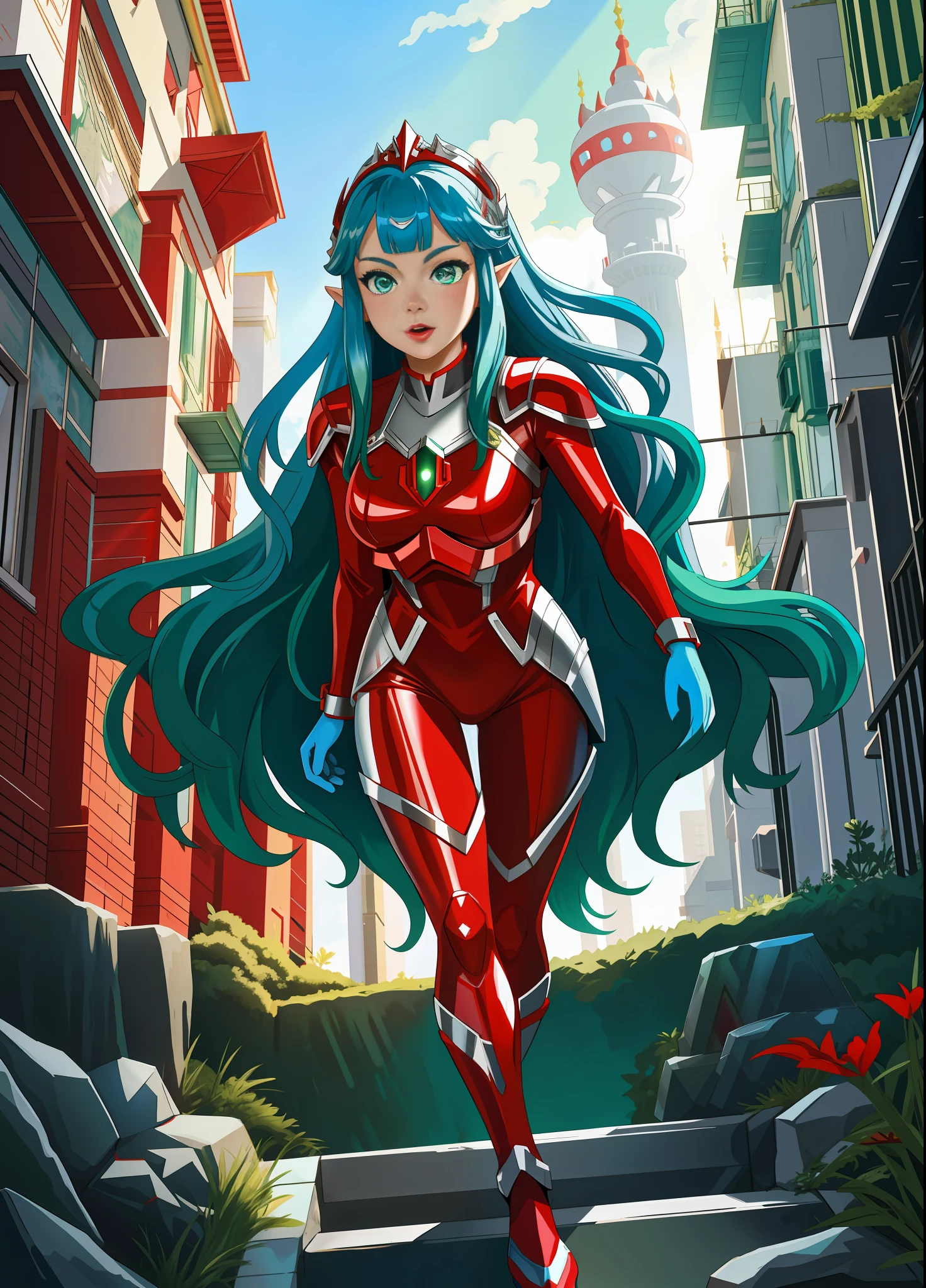 Full body,Princess Zelda giant, (red with silver costume:1.5), as Ultraman, immensely large breasts1, very tight body suit, heavy makeup on her face, light blue jewel on the breastplate, helmet on head, red lipstick on her mouth, (she green eyes:1.5, blue hair:1.5), rays of light behind, she is in a futuristic city with several monsters attacking the buildings, Tokusatsu, Ultraman, tongue out, anime style, cinematic lighting, 16k, UHD, masterpiece, best quality, high details