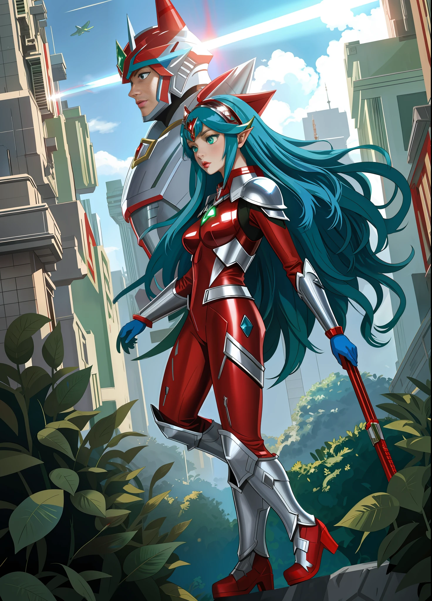 Full body,Princess Zelda giant, (red with silver costume:1.5), as Ultraman, immensely large breasts1, very tight body suit, heavy makeup on her face, light blue jewel on the breastplate, helmet on head, red lipstick on her mouth, (she green eyes:1.5, blue hair:1.5), rays of light behind, she is in a futuristic city with several monsters attacking the buildings, Tokusatsu, Ultraman, tongue out, anime style, cinematic lighting, 16k, UHD, masterpiece, best quality, high details