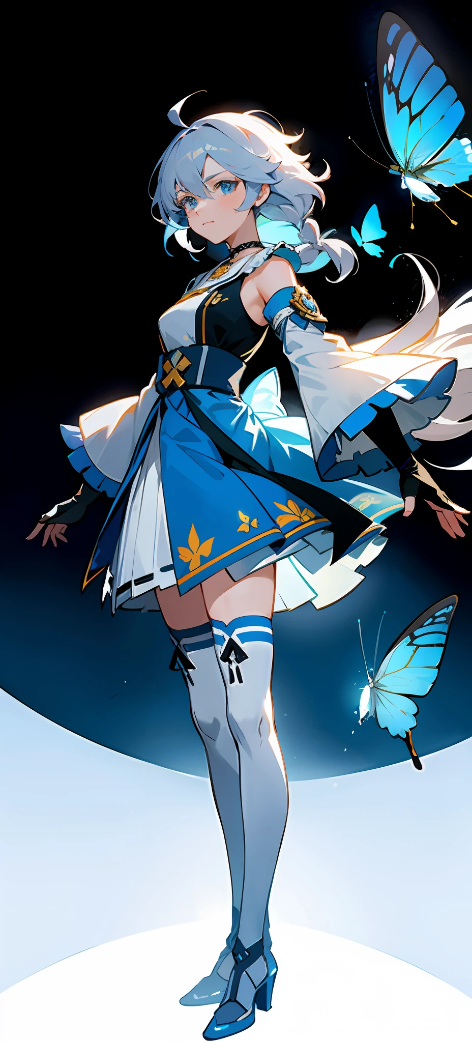 21charturnerv2,charturnbetalora,shinkai makoto,kimi no na wa.,(fantasy:1.4),(blue eyes:1.233),her eyes shine like dreamlike stars,(glowing eyes:1.233),(beautiful and detailed Eyes: 1.1), (silver hair: 1.14), (messy hair, very long hair, french braid, hair between the eyes, sideburns), (+(blue hair: 1.14)), (chiffon dress, Blue flower uniform)/=(military uniform: 1.24),(removable sleeves, wide sleeves),(fingerless gloves),choker,(miko thighhighs),high-heeled boots,(expressionless,shut up),(standing) ,dreamy,soul,(fluorescent),(flying translucent blue butterfly:1.15), [[delicate fingers and hands:0.55]::0.85],(finger details),white background,full body,blue theme,gold background