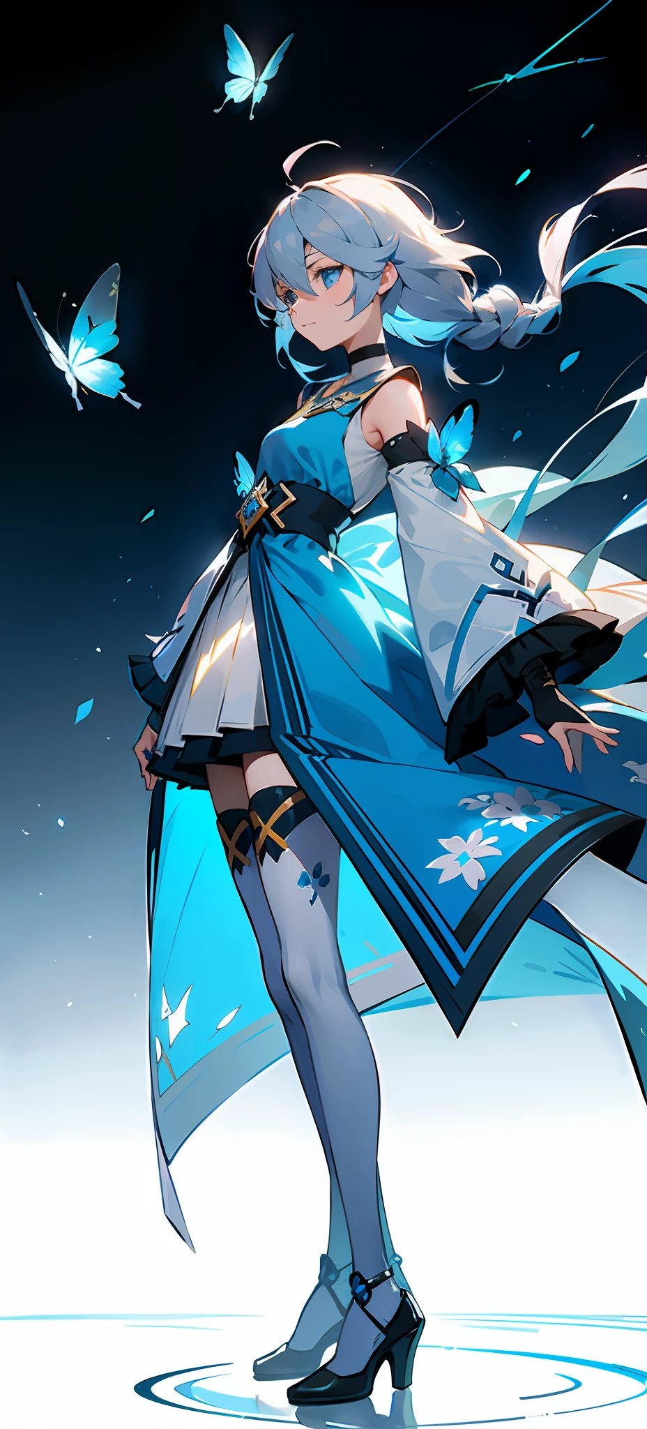 21charturnerv2,charturnbetalora,shinkai makoto,kimi no na wa.,(fantasy:1.4),(blue eyes:1.233),her eyes shine like dreamlike stars,(glowing eyes:1.233),(beautiful and detailed Eyes: 1.1), (silver hair: 1.14), (messy hair, very long hair, french braid, hair between the eyes, sideburns), (+(blue hair: 1.14)), (chiffon dress, Blue flower uniform)/=(military uniform: 1.24),(removable sleeves, wide sleeves),(fingerless gloves),choker,(miko thighhighs),high-heeled boots,(expressionless,shut up),(standing) ,dreamy,soul,(fluorescent),(flying translucent blue butterfly:1.15), [[delicate fingers and hands:0.55]::0.85],(finger details),white background,full body,blue theme,gold background