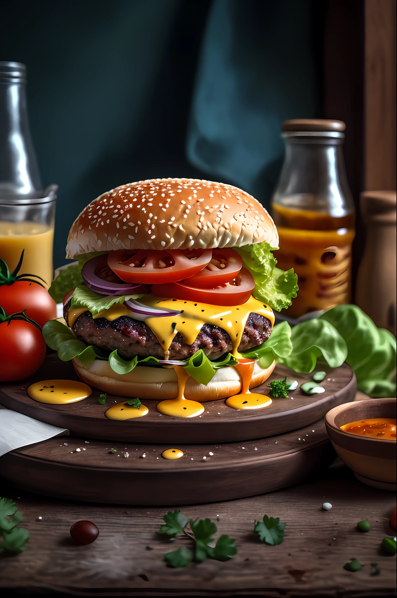 masterpiece, best quality,burger photo, food, food focus, no humans, tomato, blurry, still life, realistic, burger, cup, lettuce, fruit, onion, bowl, depth of field, vegetable, blurry background, cheese, bottle