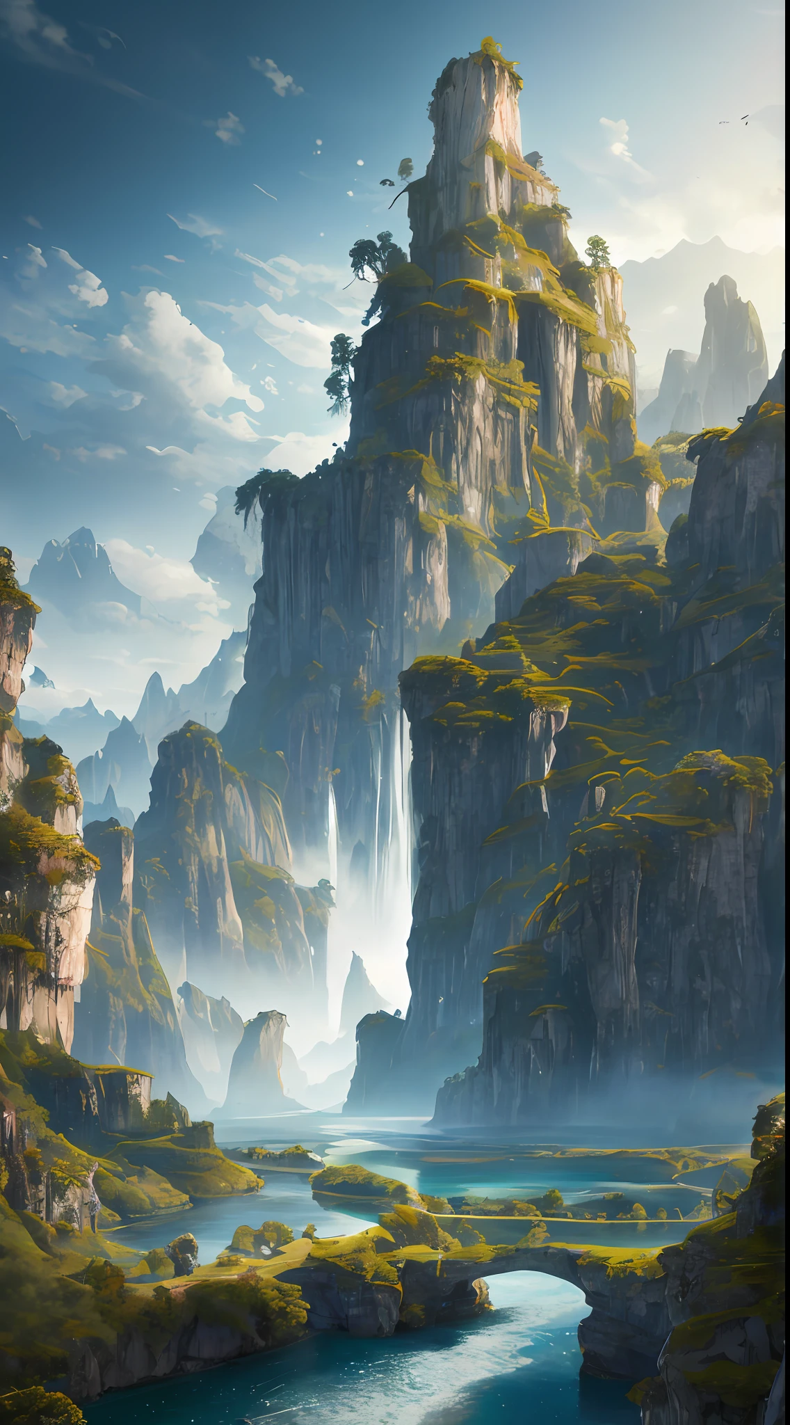 Masterpiece, best quality, high quality, extremely detailed CG unity 8k wallpaper, landscape, outdoor, sky, cloud, sky, no humans, mountain, landscape, water, tree, blue sky, waterfall, cliff, nature, lake, river , cloudy skies, award winning photography, bokeh, depth of field, HDR, bloom, chromatic aberration, photorealism, very detailed, trending on artstation, trending on CGsociety, intricate, high detail, dramatic, midjourney art