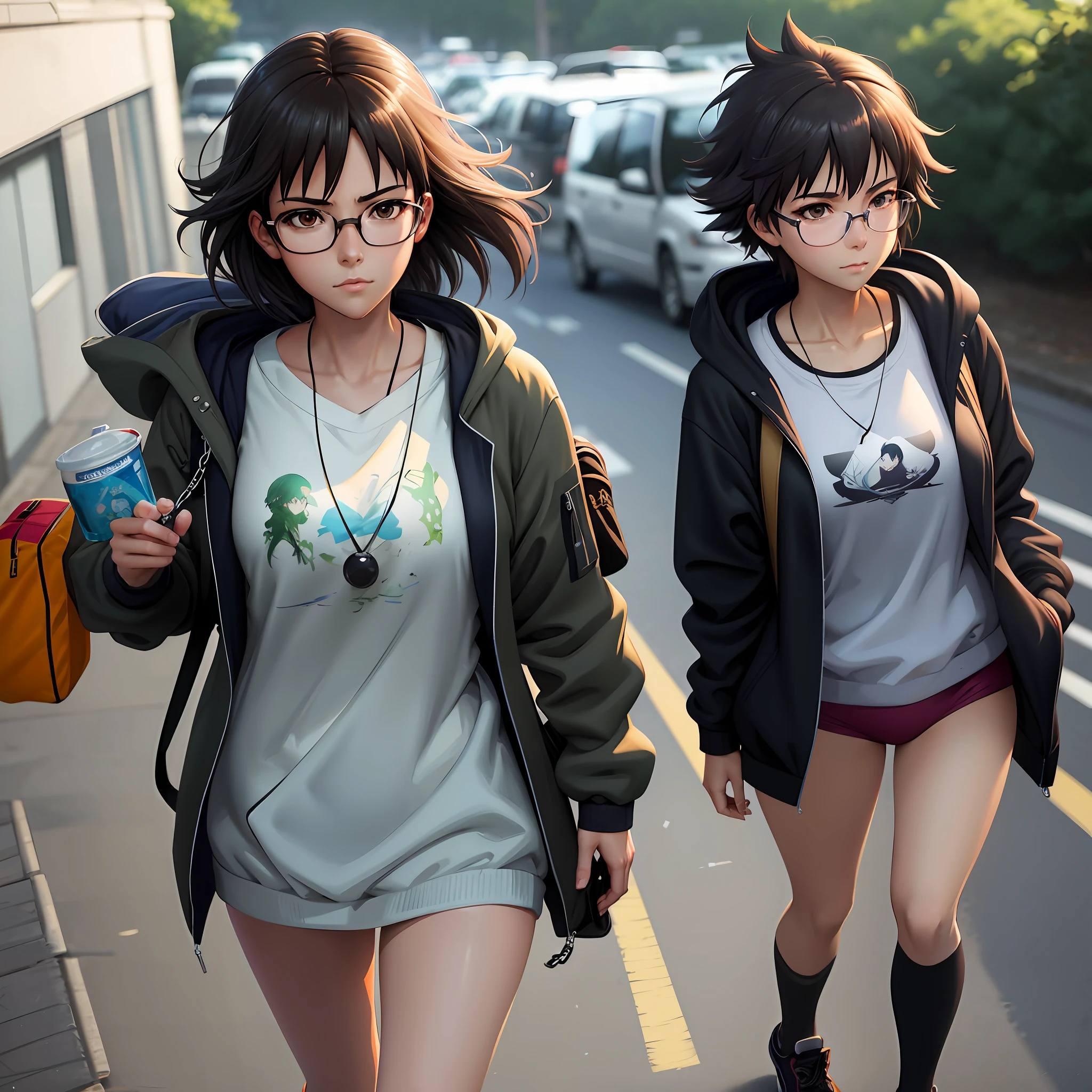 anime characters walking down a street with cars in the background, makoto shinkai and artgerm, modern anime style, realistic anime 3 d style, artwork in the style of guweiz, two beautiful anime girls, artgerm and atey ghailan, realistic anime artstyle, anime style 4 k, anime girls, anime style. 8k