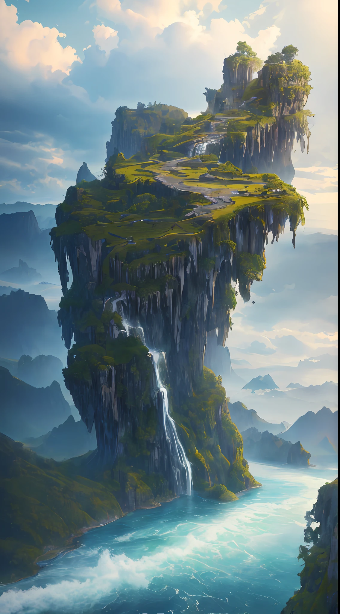 Masterpiece, best quality, high quality, extremely detailed CG unity 8k wallpaper, landscape, outdoor, sky, cloud, sky, no humans, mountain, landscape, water, tree, blue sky, waterfall, cliff, nature, lake, river , cloudy skies, award winning photography, bokeh, depth of field, HDR, bloom, chromatic aberration, photorealism, very detailed, trending on artstation, trending on CGsociety, intricate, high detail, dramatic, midjourney art