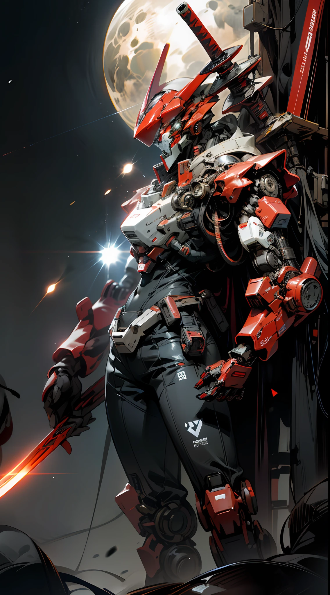 On the moon, the red mech holds a long sword, the environment is glowing, the mecha's eyes are deep and moving, and against the background of the Milky Way, the bright neon lights flash, accompanied by science fiction and cyberpunk atmosphere.