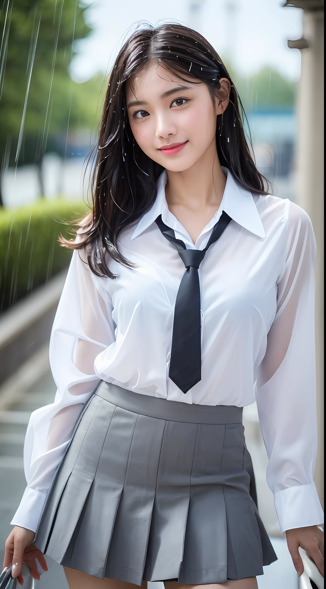 ((Top Quality, 8K, Masterpiece: 1.3)), (high detail: 1 in 1), (Focus on face),buttocks: 1.2, (Perfect Body Beauty: 1.4), ((Layered Haircut, Chest: 1.4)), (Rain:1.6), (in Street), (Wearing a (wet:1.4) white school Uniform with miniskirt and Loose Tie), Very detailed face and skin texture, narrow eyes, double eyelids, whitening skin, long hair, (Shut up: 1.3), smile,extra, real photo, psd, lamp film photography, sharp focus, contrast lighting, detailed skin, high resolution 8k, crazy detail, realistic, professional photography, 8k uhd, SLR camera, soft lighting, high quality, film grain, fujifilm XT3,