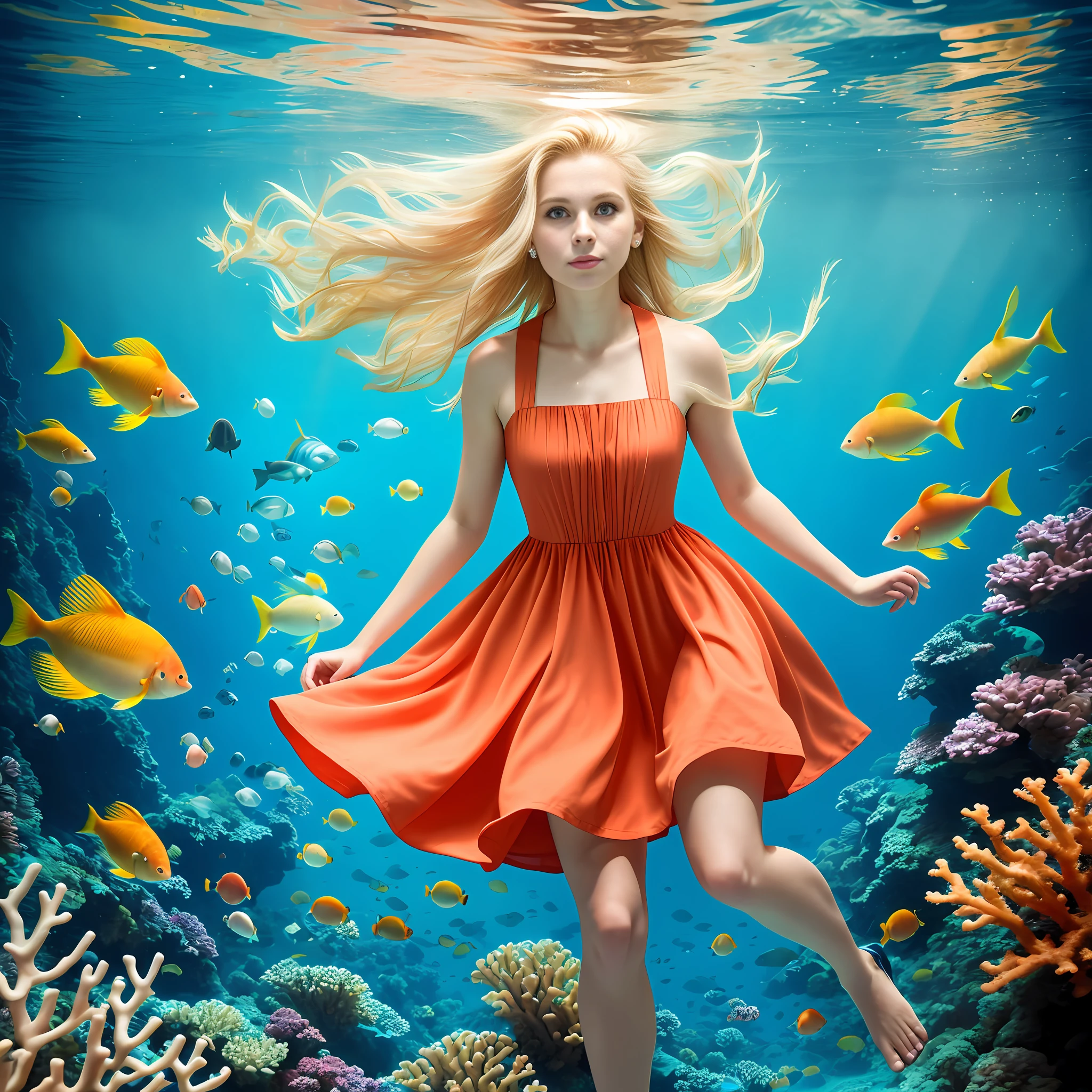 Woman, 25 years old, European, underwater, wearing a colorful knee length dress, floating blond hair, masterpiece, realistic photo, coral, fishes, bubles
