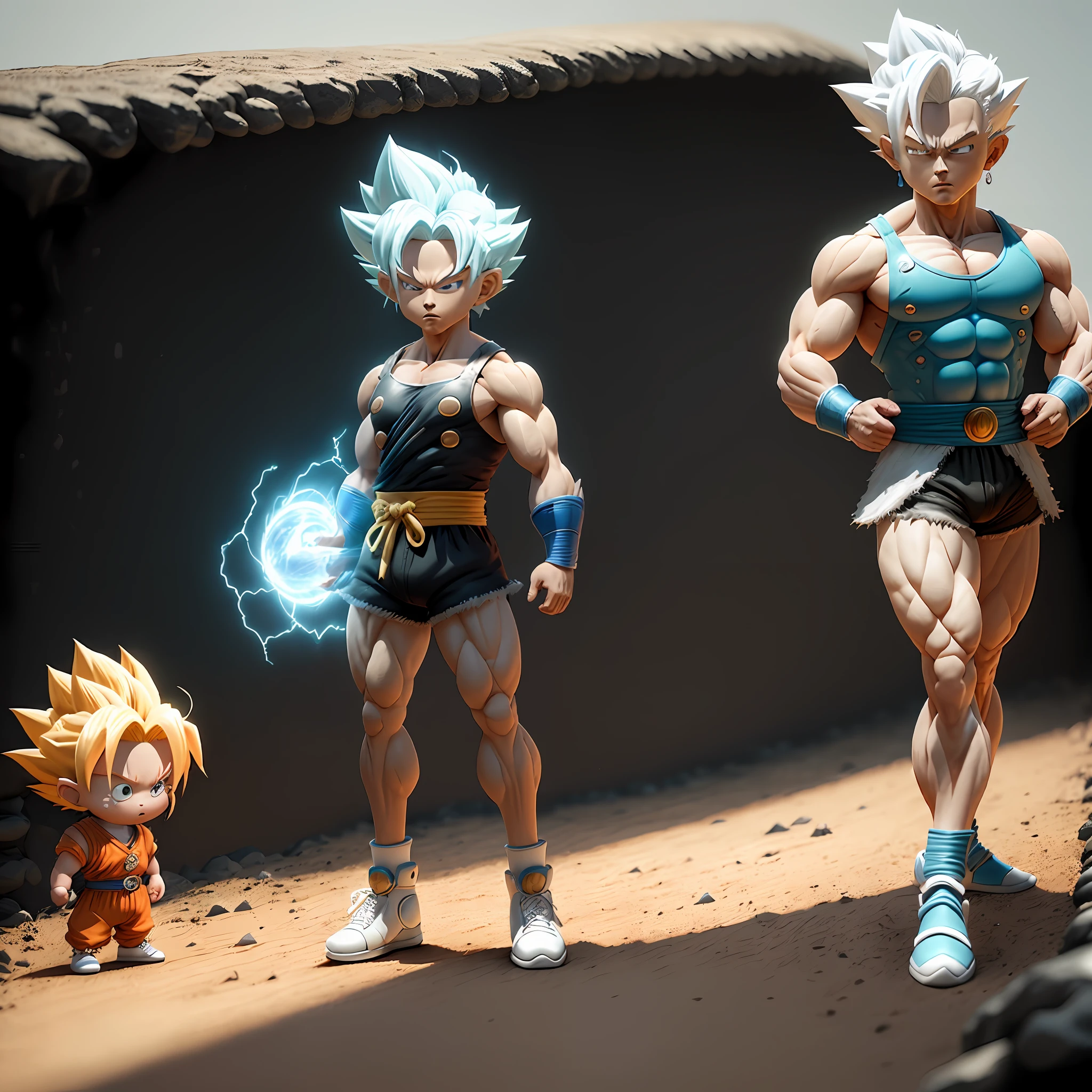 Goku, super saiyan, exquisite hair, arm depiction, white and blue hair body, exquisite shoes, eye depiction, exquisite hair, popmart blind box, clay texture, stepping on the land, black and white background, natural lighting, most good quality, super detail, 3D art, c4d, OC renderer, 3D rendering, 8k