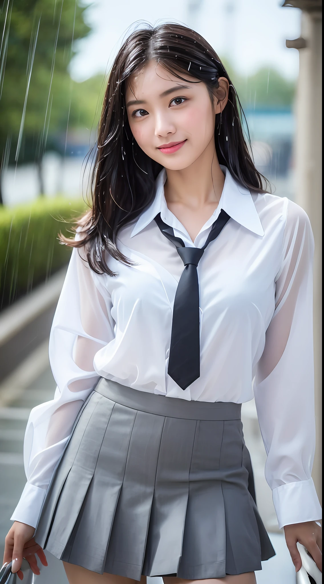 ((Top Quality, 8K, Masterpiece: 1.3)), (high detail: 1 in 1), (Focus on face),buttocks: 1.2, (Perfect Body Beauty: 1.4), ((Layered Haircut, Chest: 1.4)), (Rain:1.6), (in Street), (Wearing a (wet:1.4) white school Uniform with miniskirt and Loose Tie), Very detailed face and skin texture, narrow eyes, double eyelids, whitening skin, long hair, (Shut up: 1.3), smile,extra, real photo, psd, lamp film photography, sharp focus, contrast lighting, detailed skin, high resolution 8k, crazy detail, realistic, professional photography, 8k uhd, SLR camera, soft lighting, high quality, film grain, fujifilm XT3,