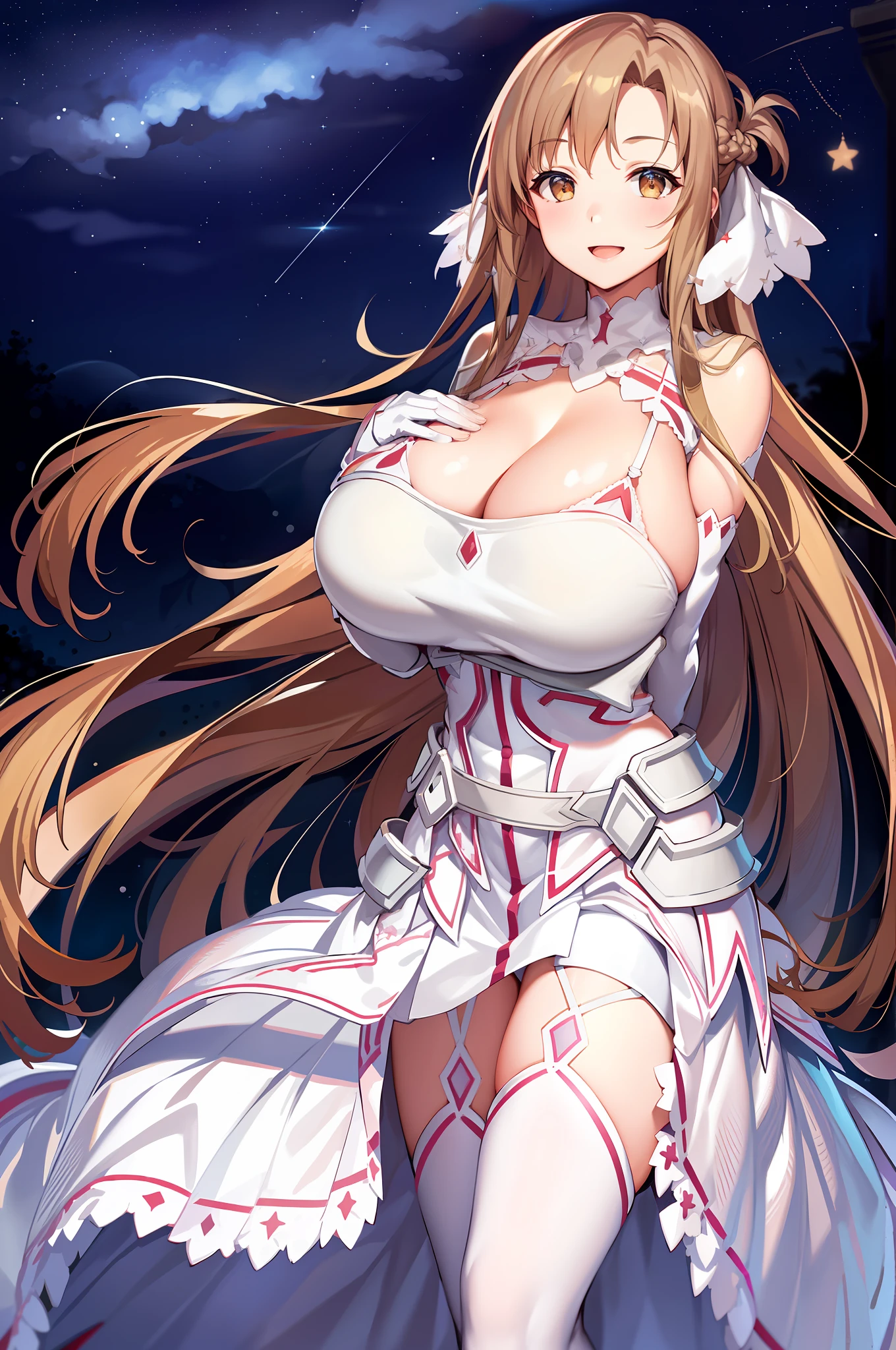 stacia, 1girl, solo, (potruding nipple:1.2), long hair, (huge breasts:1.7), looking at viewer, smile, open mouth, bangs ,detailed eyes, beautiful background, (night sky, stars), hands on the chest,  brown hair, thighhighs, gloves, dress, (cleavage:1.4), bare shoulders, brown eyes, very long hair, standing, full body, white gloves,  white dress, armor, white thighhighs, garter straps, fantasy, white armor,  abec, nsfw
