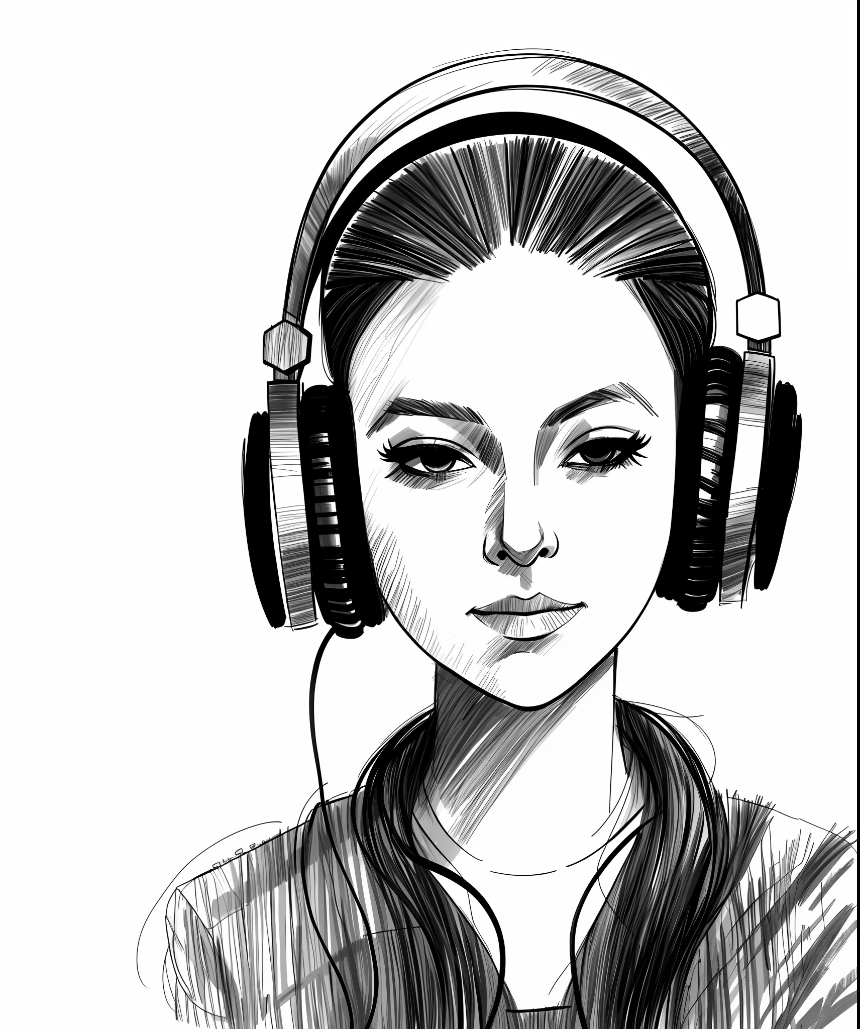 A female dj with headphones, sketch artstyle, graycale, monochrome, ((solo))
