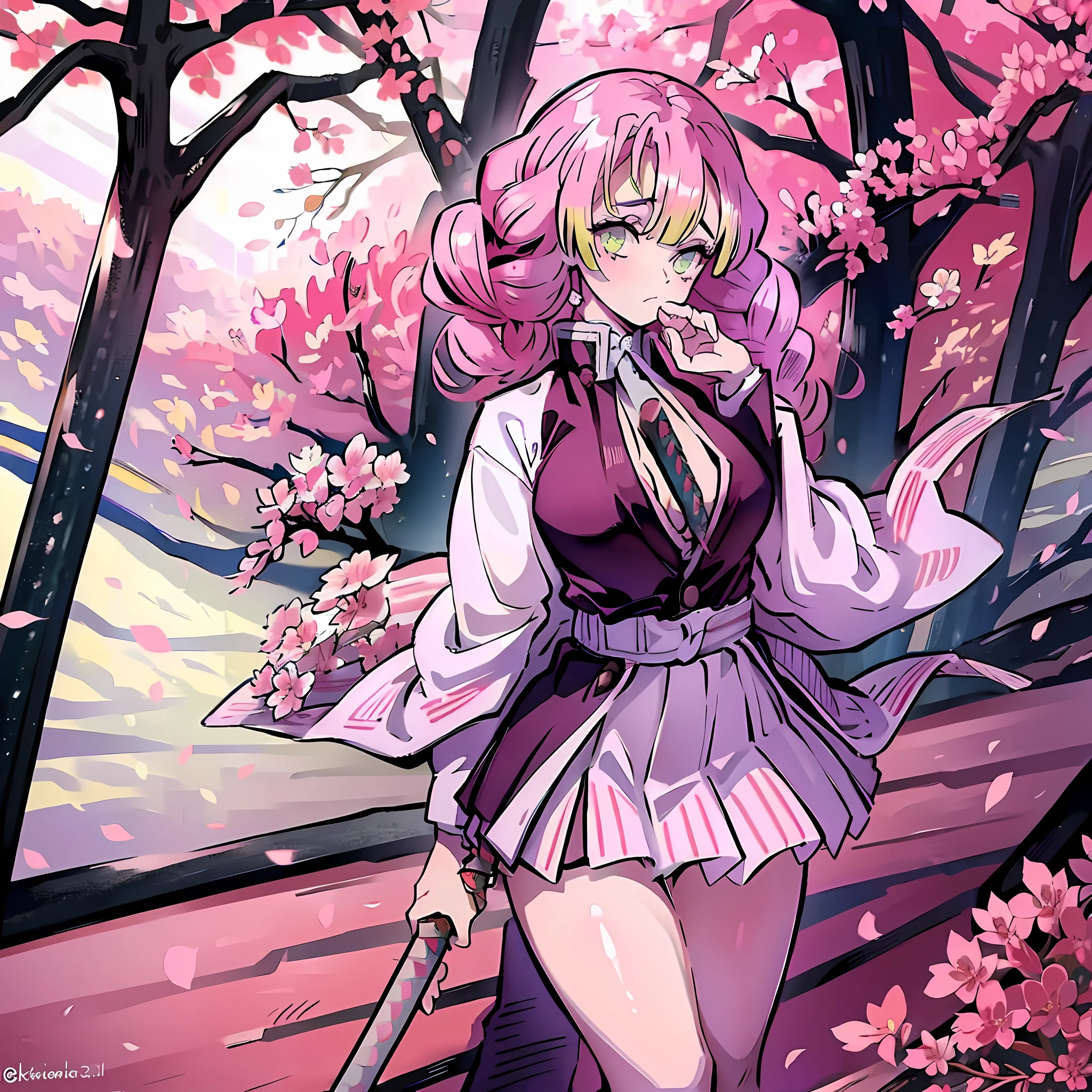 a girl in a sakura forest holding a katana, 1girl, beautyful, ultra detailed, kimetsu no yaiba, cute, solo, fullbody, good anatomy, standing, katana, beautyful body, sakura forest, beautyful legs, beautyful face, high quality, anime, beautyful background, beautyful, kimono, masterpiece, detailed hand, detailed legs, detailed face, detailed katana