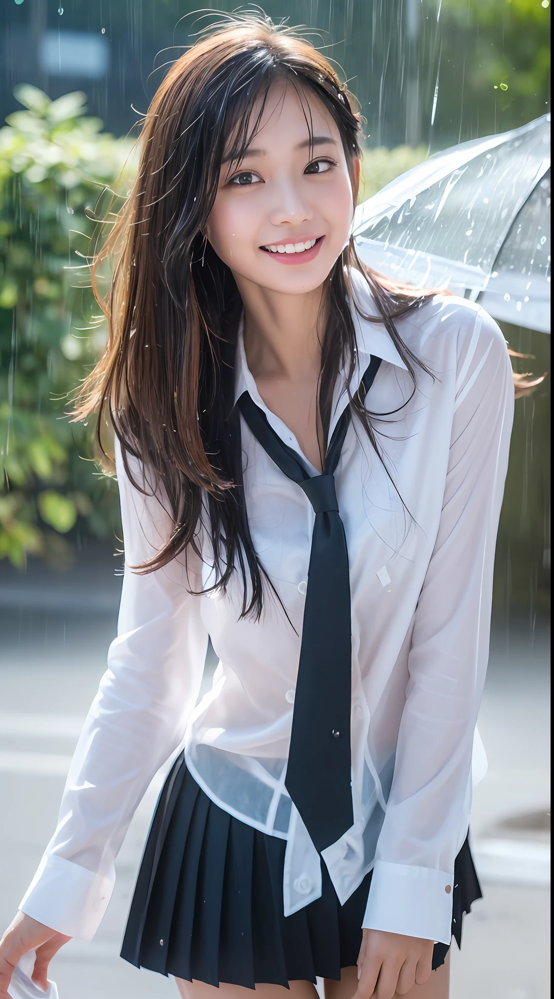 ((Top Quality, 8K, Masterpiece: 1.3)), (high detail: 1 in 1), (Focus on face),buttocks: 1.2, (Perfect Body Beauty: 1.4), ((Layered Haircut, Chest: 1.4)), (Rain:1.6), (in Street), (Wearing a (wet:1.4) white school Uniform with miniskirt and Loose Tie), Very detailed face and skin texture, narrow eyes, double eyelids, whitening skin, long hair, (Shut up: 1.3), smile,extra, real photo, psd, lamp film photography, sharp focus, contrast lighting, detailed skin, high resolution 8k, crazy detail, realistic, professional photography, 8k uhd, SLR camera, soft lighting, high quality, film grain, fujifilm XT3,