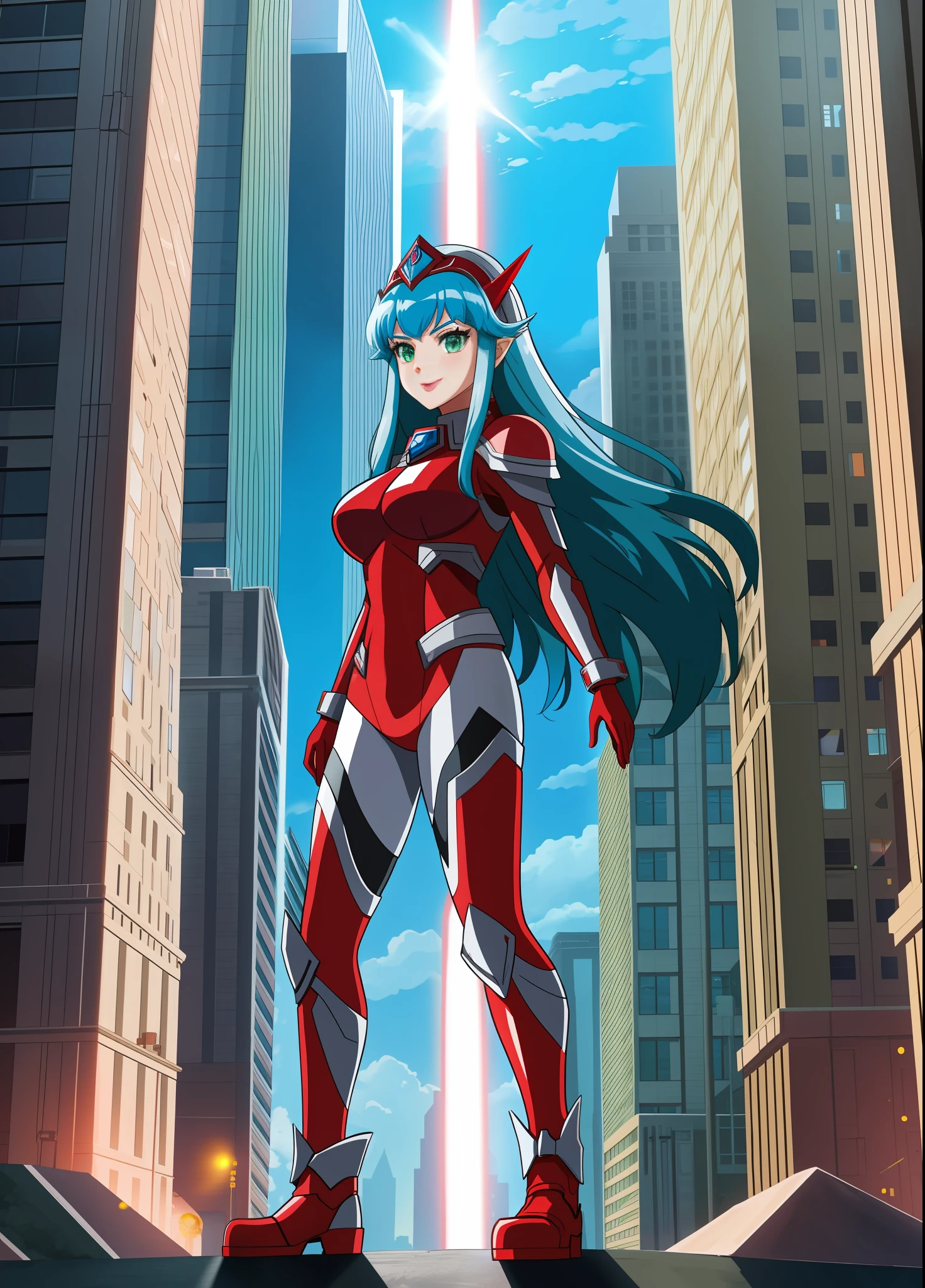 Full body image, standing, Princess Zelda giant, (red with silver costume:1.5), as Ultraman, immensely large breasts1, very tight body suit, heavy makeup on her face, light blue jewel on the breastplate, helmet on head, red lipstick on her mouth, (she green eyes:1.5, blue hair:1.5), Looking at the viewer from the front, rays of light behind, she is in a futuristic city with several monsters attacking the buildings, Tokusatsu, Ultraman, tongue out, anime style, cinematic lighting, 16k, UHD, masterpiece, best quality, high details