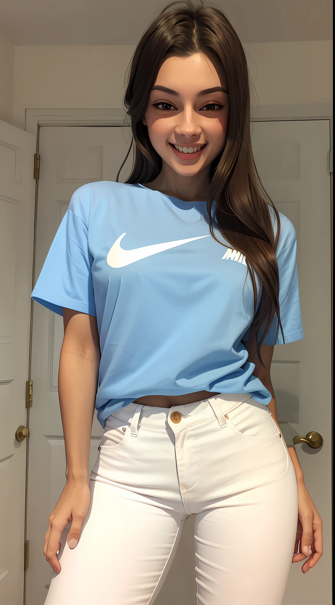 1girl, she wearing white shirt and blue pants, casual clothes, wearing blue nike sneakers, 22 years old, smiling face, adult face, 8k style, realistic, crowded, medium black hair.