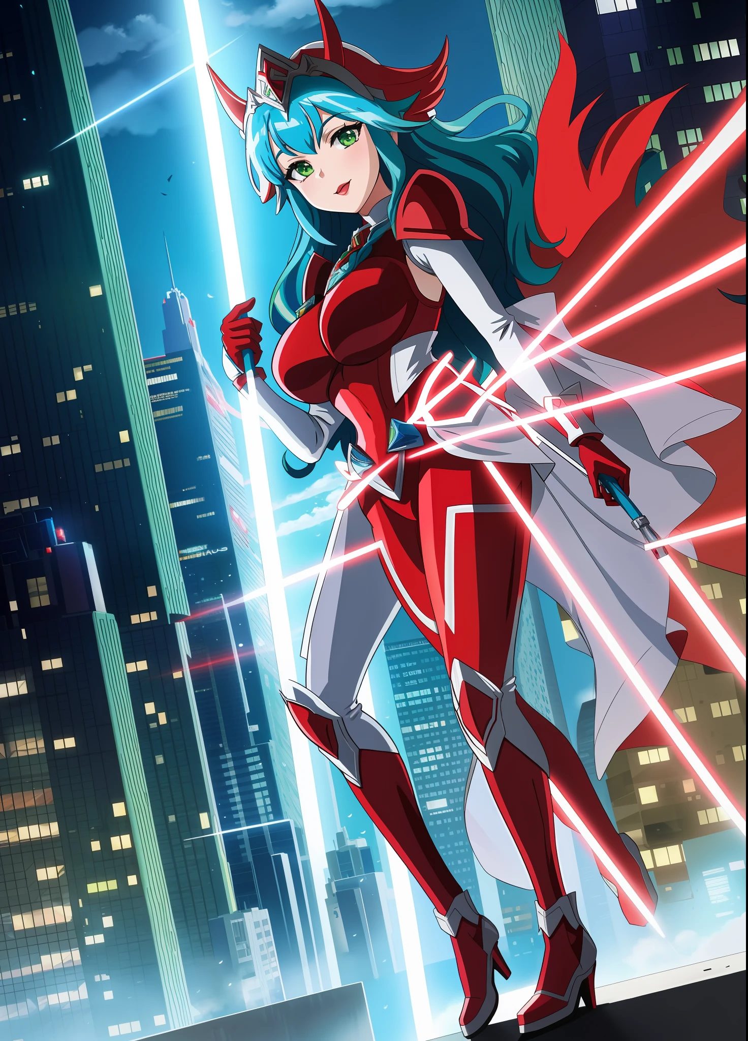 Full body image, standing, Princess Zelda giant, (red with silver costume:1.5), as Ultraman, immensely large breasts1, very tight body suit, heavy makeup on her face, light blue jewel on the breastplate, helmet on head, red lipstick on her mouth, (she green eyes:1.5, blue hair:1.5), Looking at the viewer from the front, rays of light behind, she is in a futuristic city with several monsters attacking the buildings, Tokusatsu, Ultraman, tongue out, anime style, cinematic lighting, 16k, UHD, masterpiece, best quality, high details
