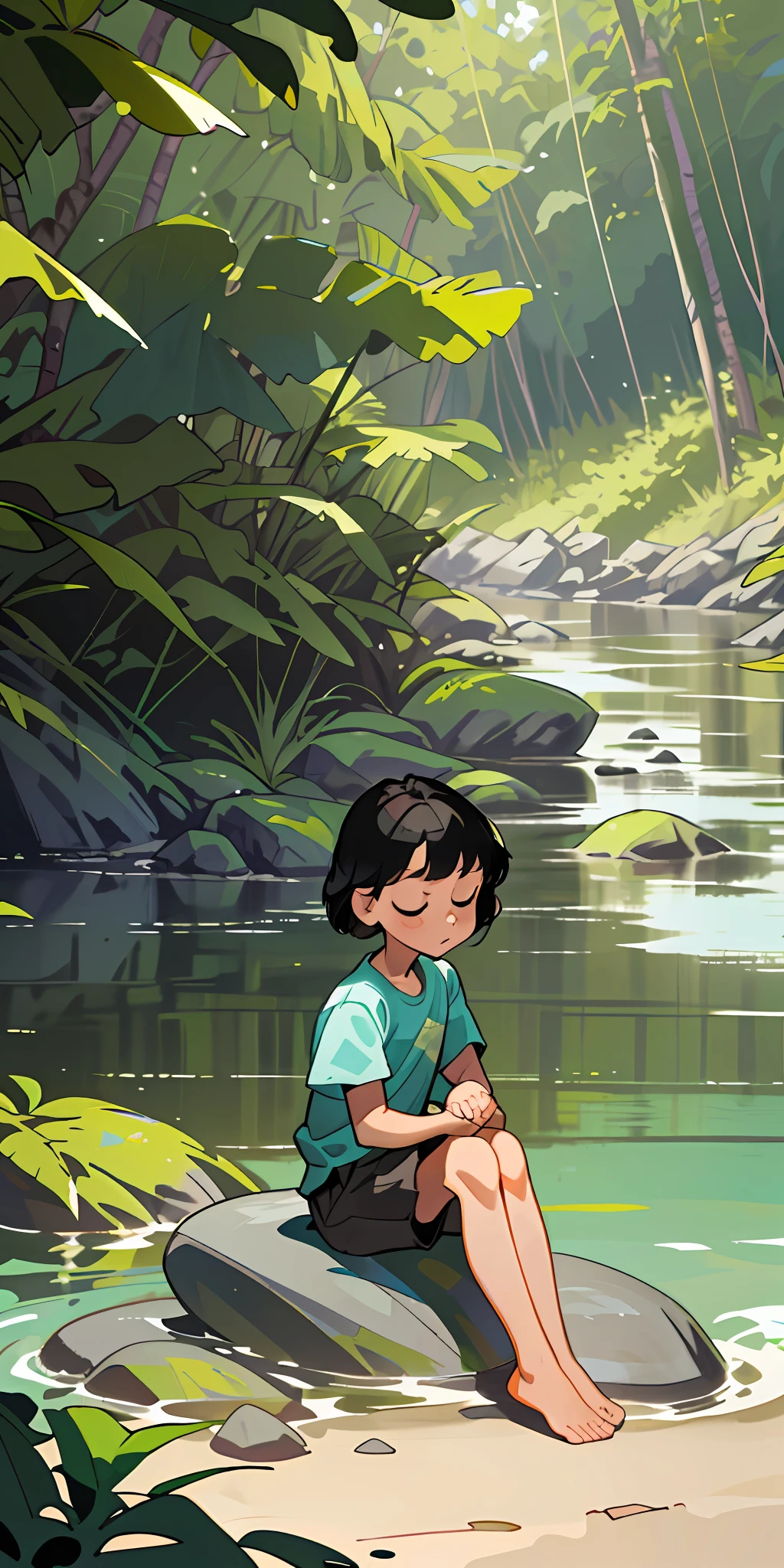 (best quality, masterpiece), (two small children,) a big boy, a ***********, (sitting on a stone by the river beach), gray short sleeves, tired, barefoot, woods, wilderness, jungle, nature, sunshine in the background