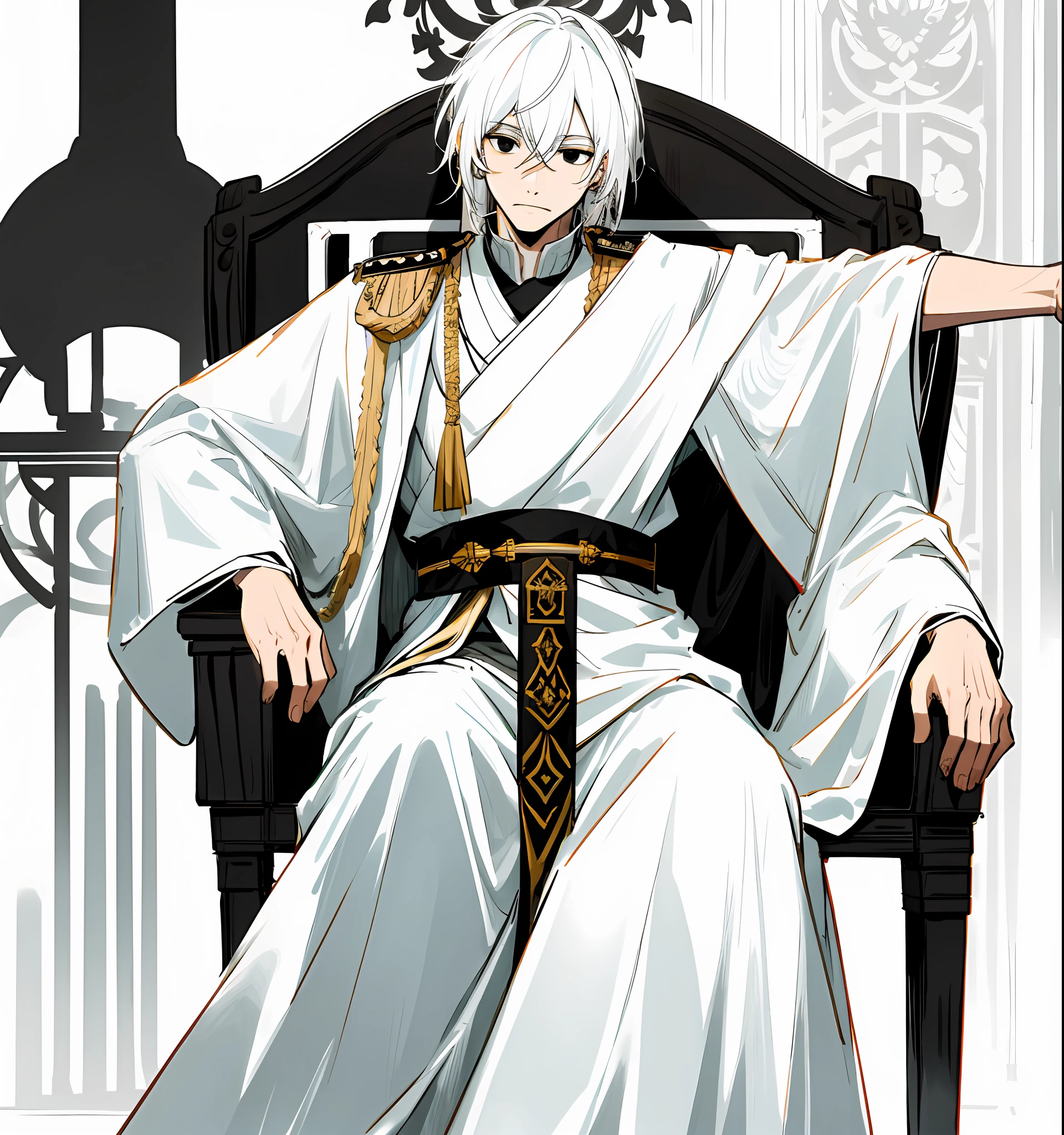 A king, white hair, black eyes, sitting on the throne, imperial white clothing