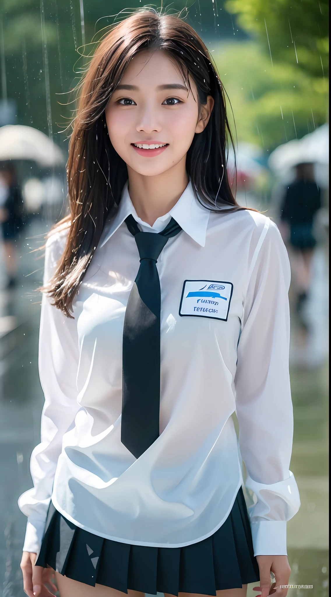 ((Top Quality, 8K, Masterpiece: 1.3)), (high detail: 1 in 1), (Focus on face),buttocks: 1.2, (Perfect Body Beauty: 1.4), ((Layered Haircut, Chest: 1.4)), (Rain:1.6), (in Street), (Wearing a (wet:1.4) white school Uniform with miniskirt and Loose Tie), Very detailed face and skin texture, narrow eyes, double eyelids, whitening skin, long hair, (Shut up: 1.3), smile,extra, real photo, psd, lamp film photography, sharp focus, contrast lighting, detailed skin, high resolution 8k, crazy detail, realistic, professional photography, 8k uhd, SLR camera, soft lighting, high quality, film grain, fujifilm XT3,