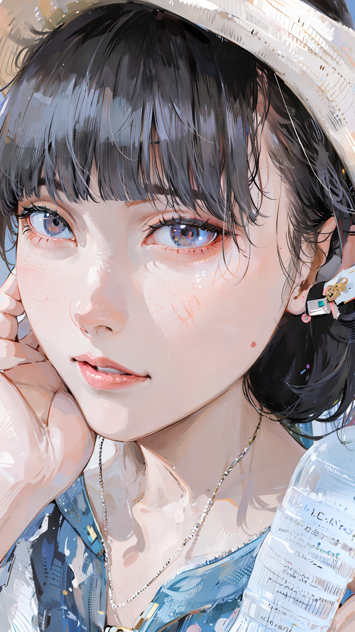 There is a woman wearing a hat and necklace posing for a photo, Chiho, Yoshitomo Nara, round face, clear and cute face, avatar avatar, Chen Xintong, cute - fine - face, Shikamimi, Sakimihan, Sakimi Chan, girl cute - delicate face, short hair, hand caressing cheek, dua al set