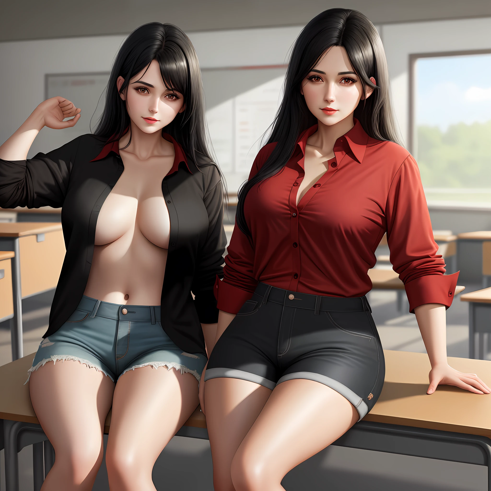 Realism, HDR, Mature girl, black hair, red shirt, (open shirt), full breasts, classroom, shorts,