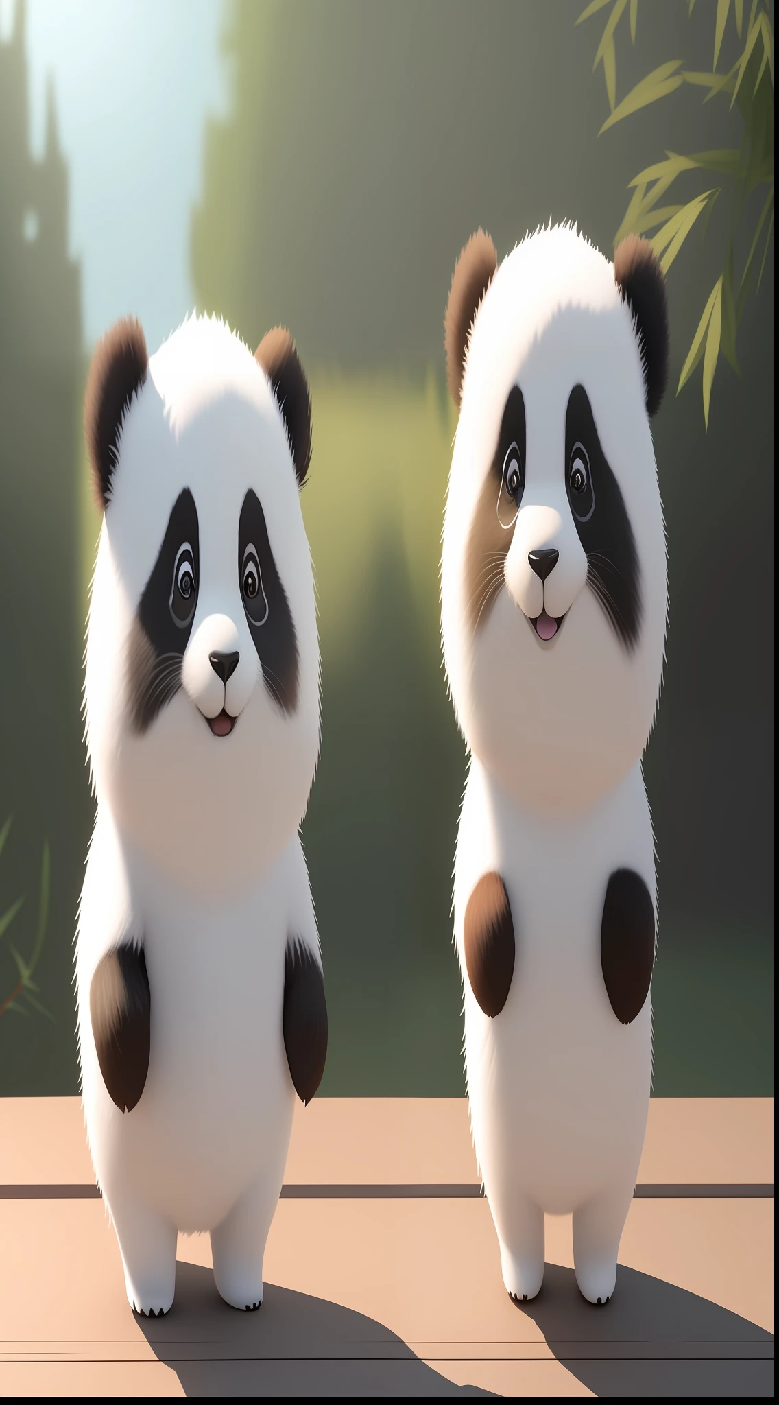 there are two panda bears standing next to each other on a wooden table, cute 3 d render, adorable digital painting, animated film, animated movie still, panda panda panda, cute panda, cute digital art, animated movie, tian zi, rendered in arnold, cute! c4d, 3840x2160