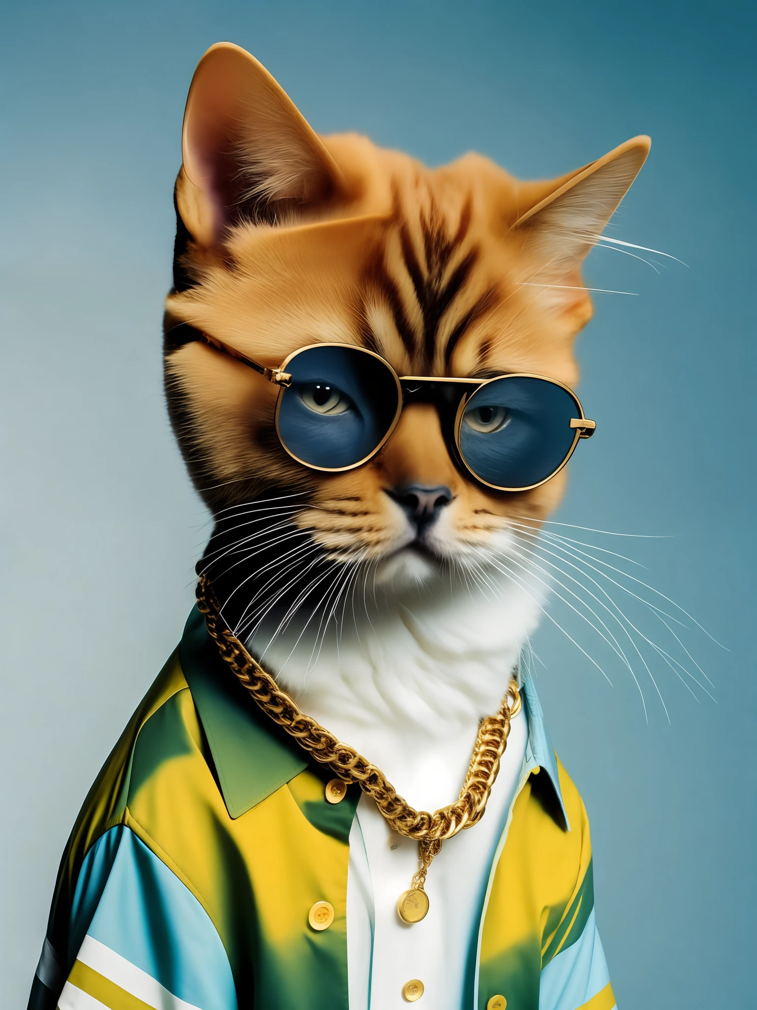 a British Golden breed cat wearing hat sunglasses and a shirt with a chain around it's neck Heisenberg