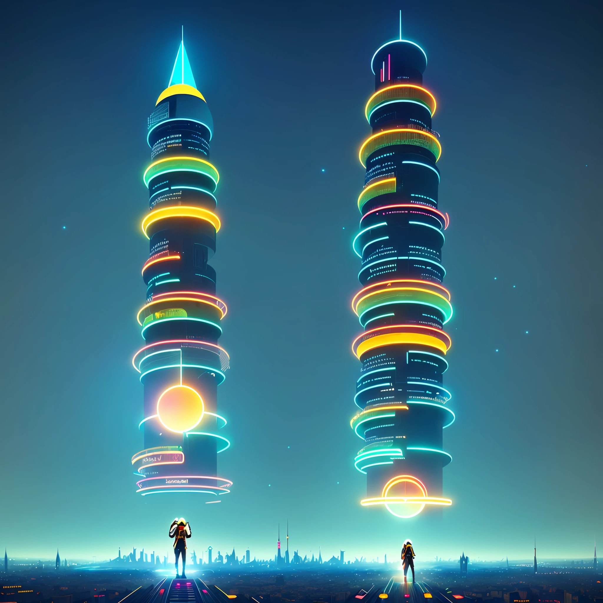 a person standing in front of a wall of neon-lit text, inside an elven city, concept art, by Emiliano Ponzi, by Chris Ware, criteria collection, concept art, dystopian, science fiction, ((8k, high resolution, ultra detailed)), (((sharp lines))), (((perfectly round cutout in the middle of the screen))) (((futuristic daftpunk style))) (((tower of Babel))) ((((Babel Tower))) (((a tower in the center)))