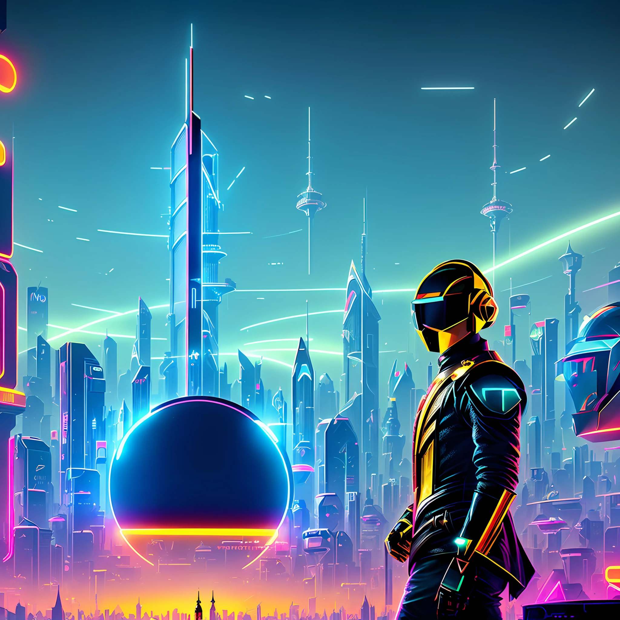 a person standing in front of a wall of neon-lit text, inside an elven city, concept art, by Emiliano Ponzi, by Chris Ware, criteria collection, concept art, dystopian, science fiction, ((8k, high resolution, ultra detailed)), (((sharp lines))), (((perfectly round cutout in the middle of the screen))) (((futuristic daftpunk style))) (((tower of Babel))) ((((Babel Tower))) (((a tower in the center)))