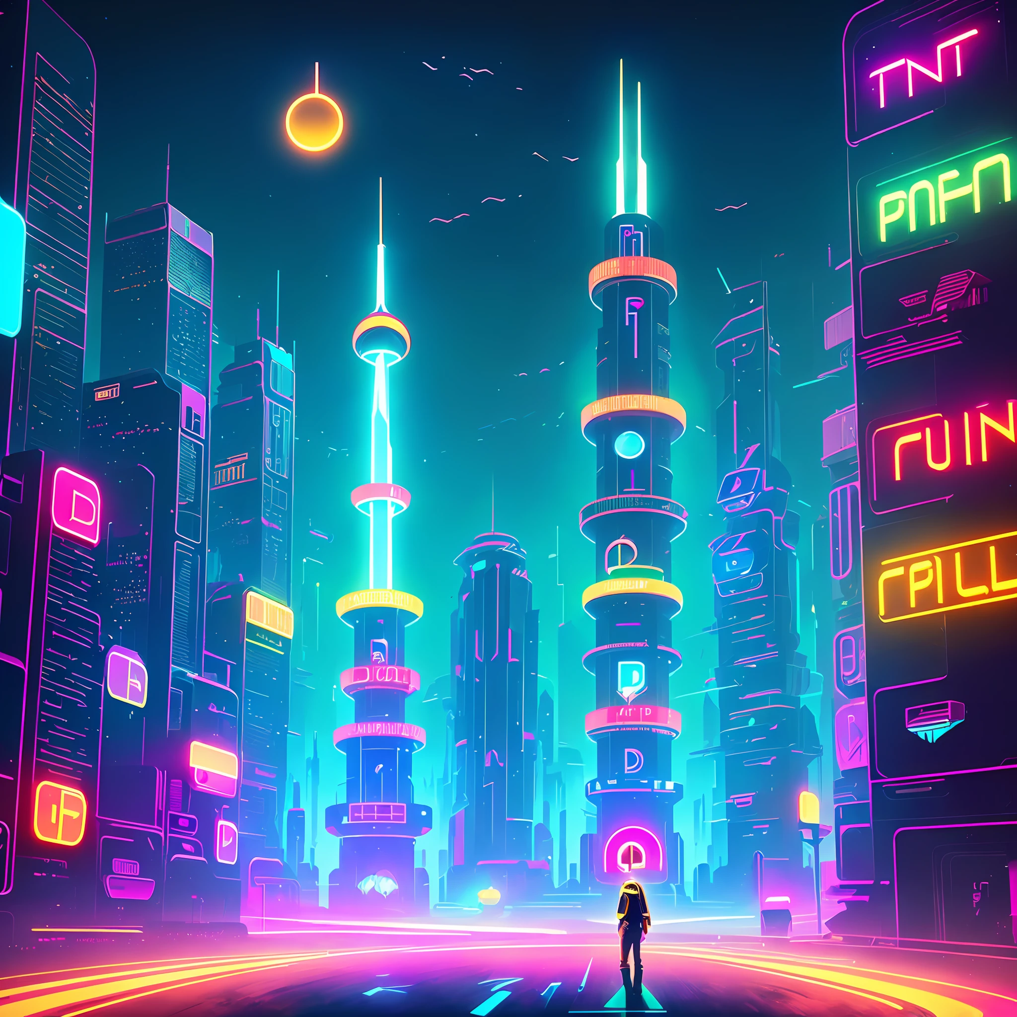 a person standing in front of a wall of neon-lit text, inside an elven city, concept art, by Emiliano Ponzi, by Chris Ware, criteria collection, concept art, dystopian, science fiction, ((8k, high resolution, ultra detailed)), (((sharp lines))), (((perfectly round cutout in the middle of the screen))) (((futuristic daftpunk style))) (((tower of Babel))) ((((Babel Tower))) (((a tower in the center)))