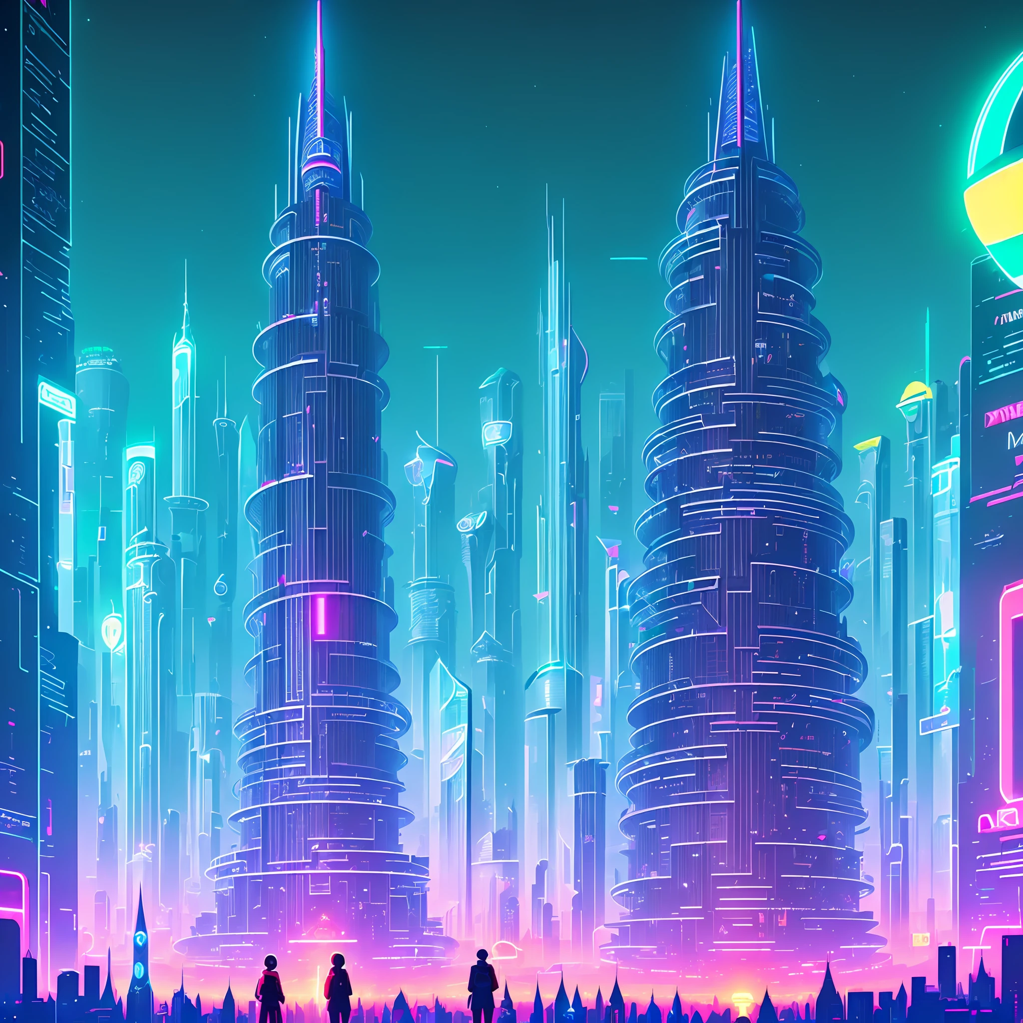 a person standing in front of a wall of neon-lit text inside an elven city, concept art, by Emiliano Ponzi, by Chris Ware, criteria collection, concept art, dystopian, science fiction, ((8k, high resolution, ultra detailed)), (((sharp lines))), (((perfectly round cutout in the middle of the screen))) (((futuristic daftpunk style))) (((tower of Babel))) ((((Babel Tower)))