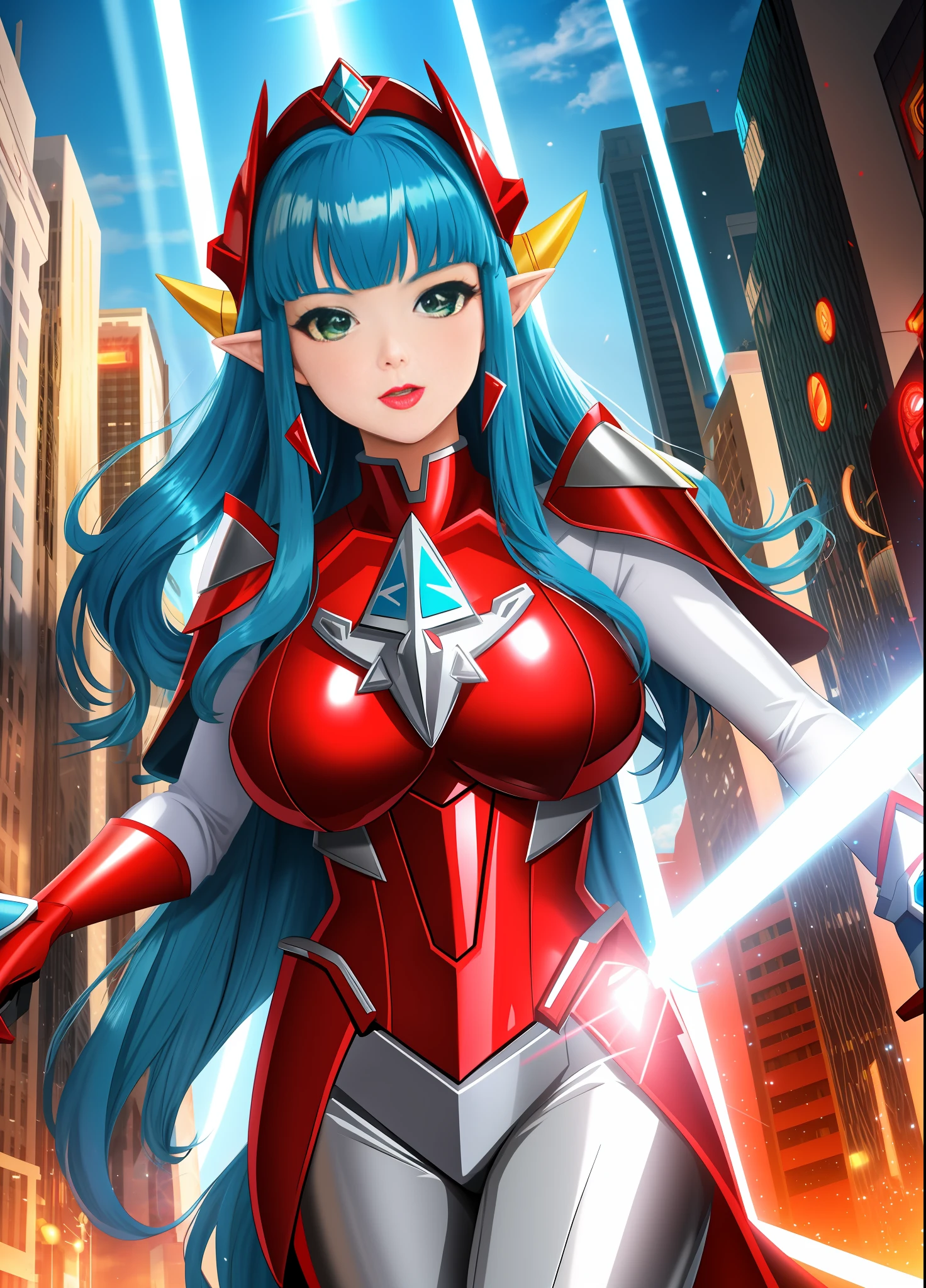 Full body image, standing, Princess Zelda giant, (red with silver costume:1.5), as Ultraman, immensely large breasts1, very tight body suit, heavy makeup on her face, light blue jewel on the breastplate, helmet on head, red lipstick on her mouth, (she green eyes:1.5, blue hair:1.5), Looking at the viewer from the front, rays of light behind, she is in a futuristic city with several monsters attacking the buildings, Tokusatsu, Ultraman, tongue out, anime style, cinematic lighting, 16k, UHD, masterpiece, best quality, high details