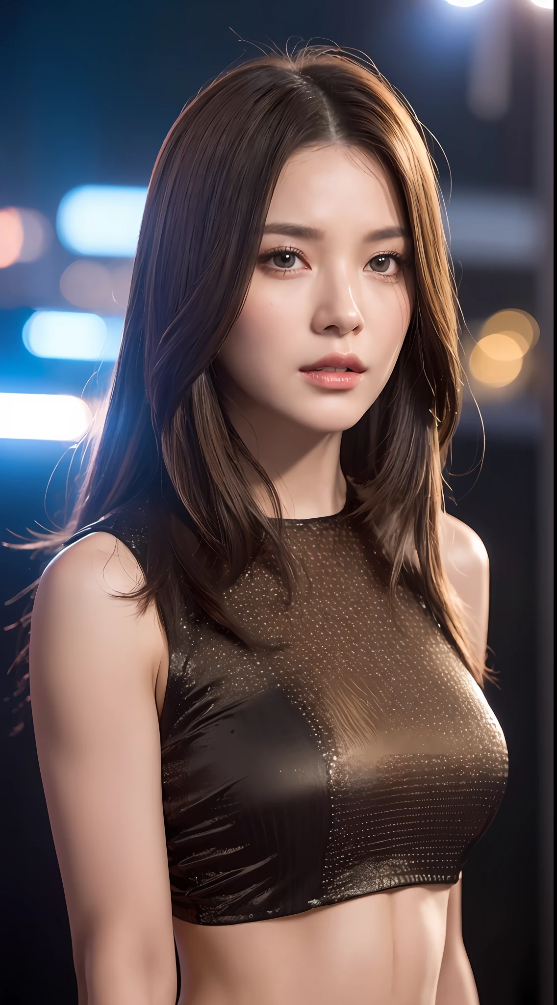 ((Cinematic Lighting, Top Quality, 8k, Masterpiece: 1.3)), Sharp Focus: 1.2, 1 Girl, Pretty Woman in Perfect Shape: 1.4, 1.1, (Brown Hair, Big: 1.3), Crop Top: 1.3, Cowgirl, Night City, Ultra Detailed Face, Detailed Eyes, Double Eyelids, Erotic