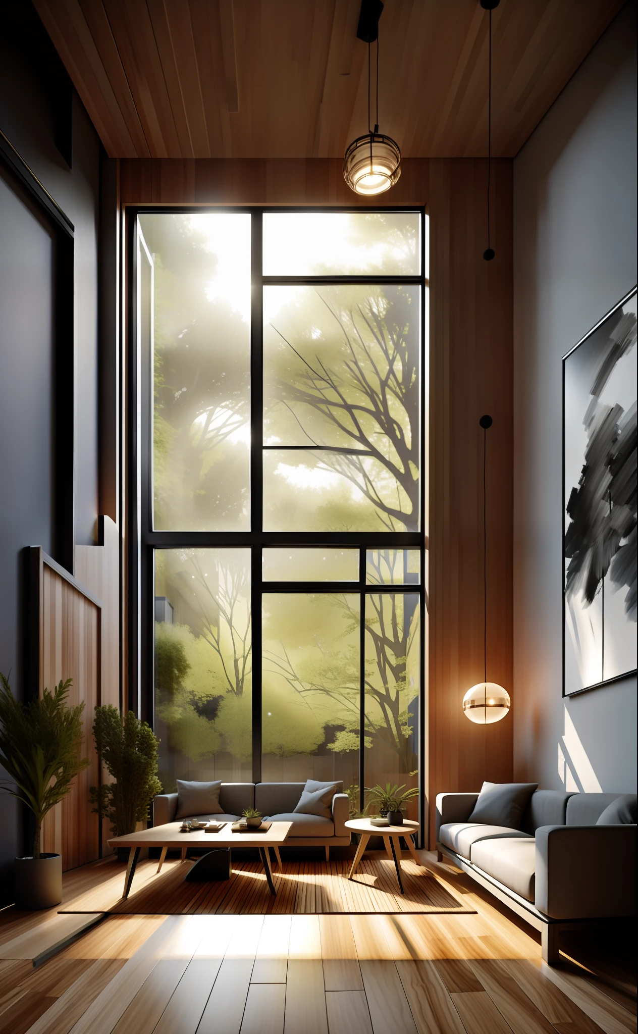 Interior design,insanely detailed wide angle architecture photography, cozy contemporary living room,(bright warm sunlight 1:0.1), award-winning contemporary interior design, scenery, table, chair, indoors, wooden floor, window, restaurant, east asian architecture, sliding doors, lamp, architecture, forest, nature, cup, plant,INTERIOR DESIGN,intersting lights and shadows, Depth of Field,low light, ,