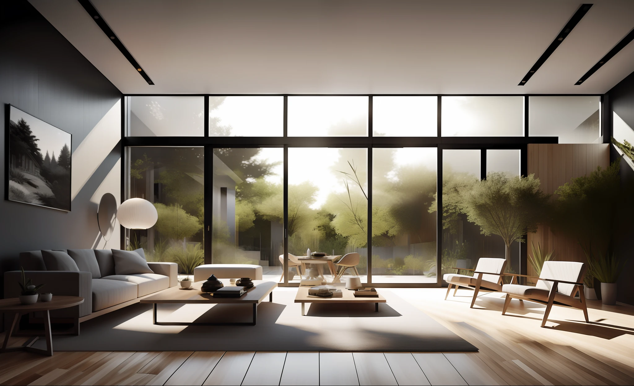 Interior design,insanely detailed wide angle architecture photography, cozy contemporary living room,(bright warm sunlight 1:0.1), award-winning contemporary interior design, scenery, table, chair, indoors, wooden floor, window, restaurant, east asian architecture, sliding doors, lamp, architecture, forest, nature, cup, plant,INTERIOR DESIGN,intersting lights and shadows, Depth of Field,low light, ,