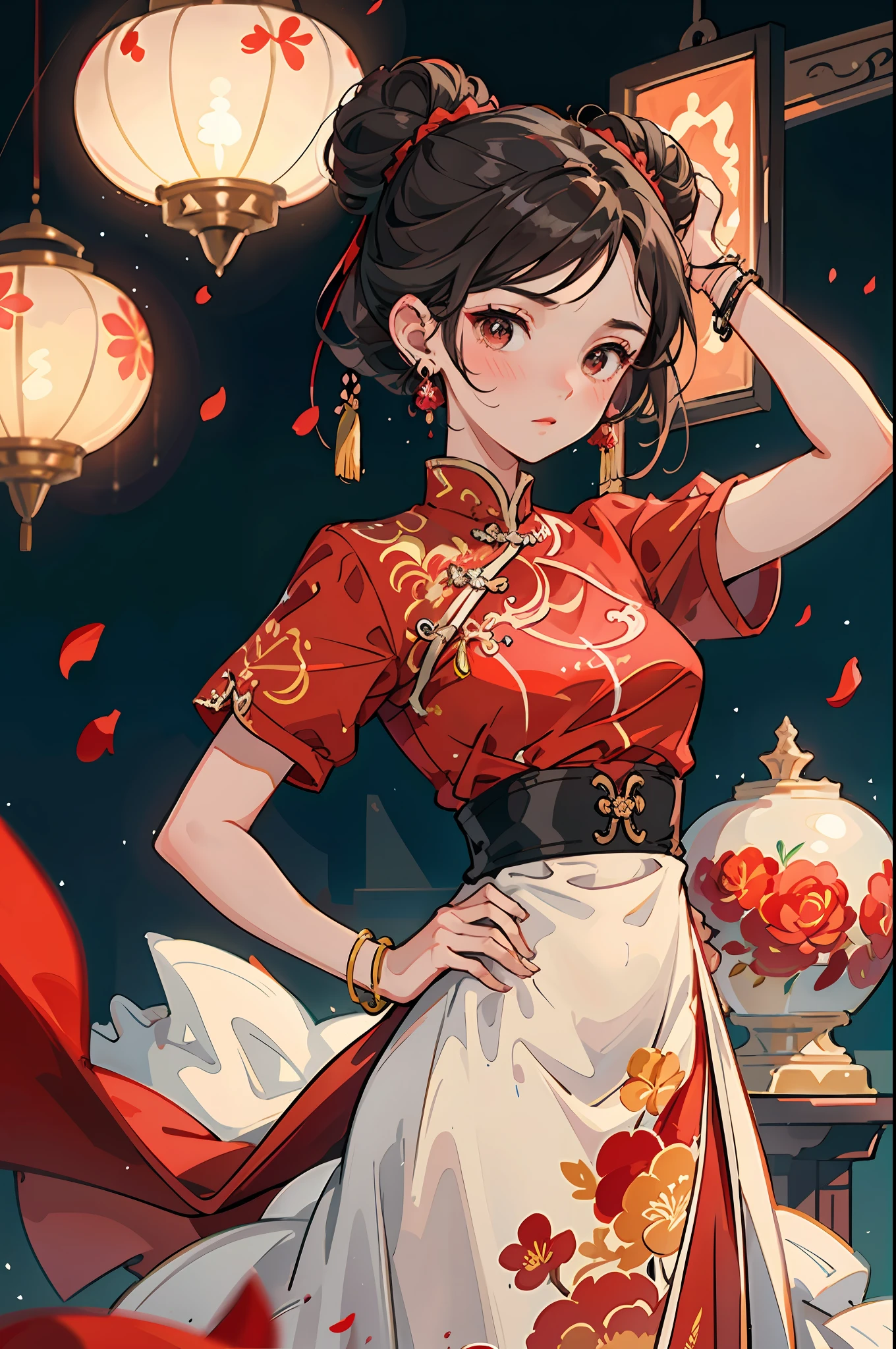 1 girl, jewelry, chinese clothing, solo, porcelain dress, dress, hands on hips, earrings, hair bun, red dress, short sleeves, blush, double bun, bracelet, shut up, brown hair, arms up, flower, short hair, medium breasts, petals flying, dramatic lighting