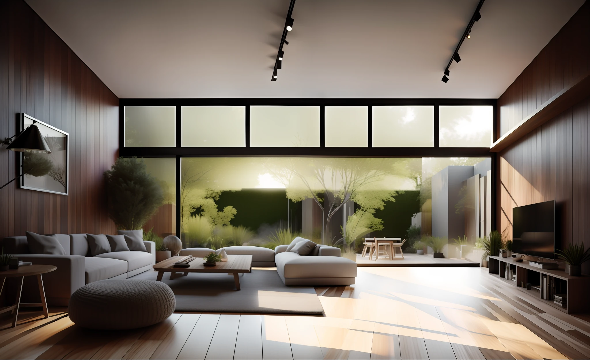 Interior design,insanely detailed wide angle architecture photography, cozy contemporary living room,(bright warm sunlight 1:0.1), award-winning contemporary interior design, scenery, table, chair, indoors, wooden floor, window, restaurant, east asian architecture, sliding doors, lamp, architecture, forest, nature, cup, plant,INTERIOR DESIGN,intersting lights and shadows, Depth of Field,low light, ,