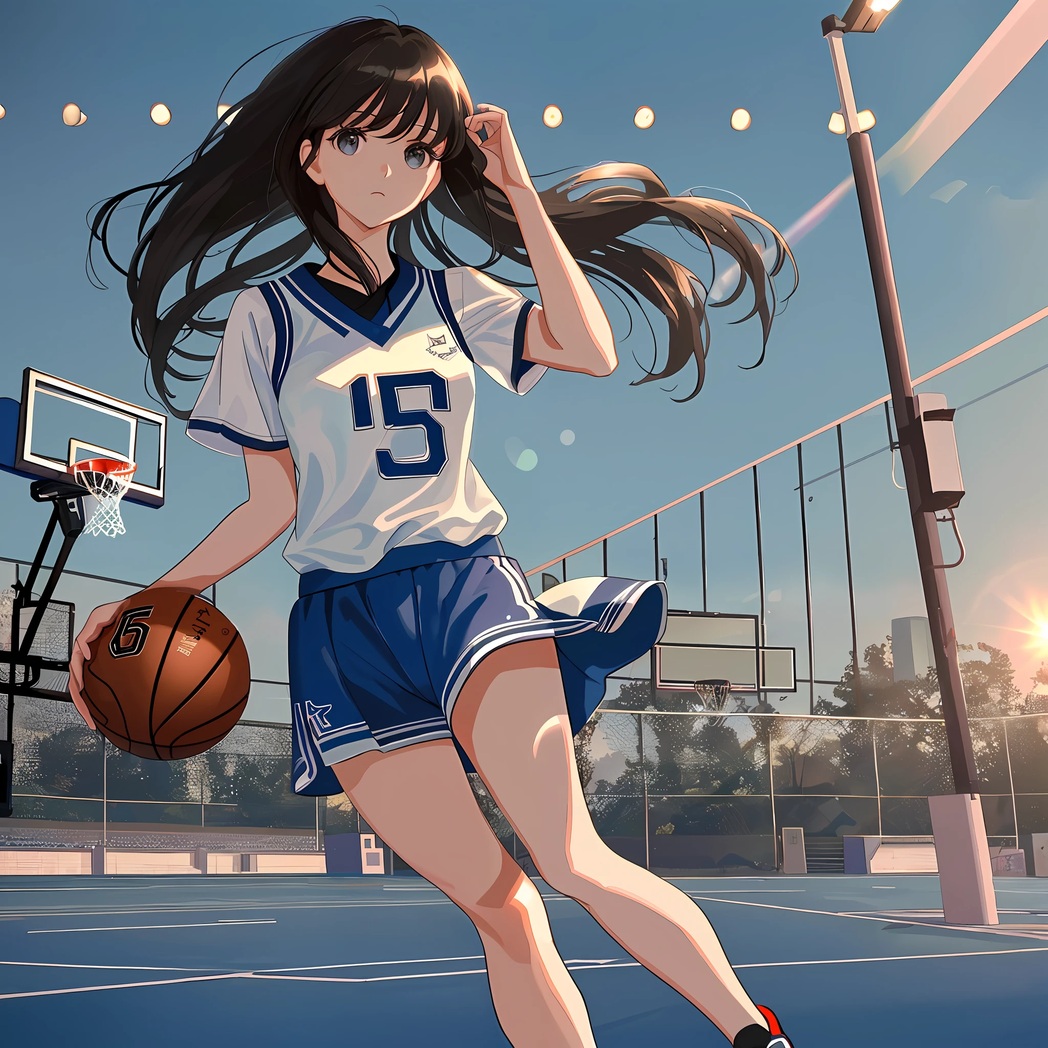 (8k, Best Quality, Masterpiece: 1.2), (Realistic, Realistic: 1.37), Ultra Detailed, Best Quality, Ultra High Resolution, Professional Lighting, Photon Mapping, Radiosity, Physically Based Rendering, Cinematic Lighting, Basketball court, depth of field, clear focus, sunlight, good composition, (bokeh: 1.2) 1girl, solo, (full body), (closed mouth), beautiful and detailed eyes, pose, narrow waist, basketball uniform, black hair , messy hair, long hair blowing in the wind, (ulzzang-6500:1.2) mix4, hiqcgbody