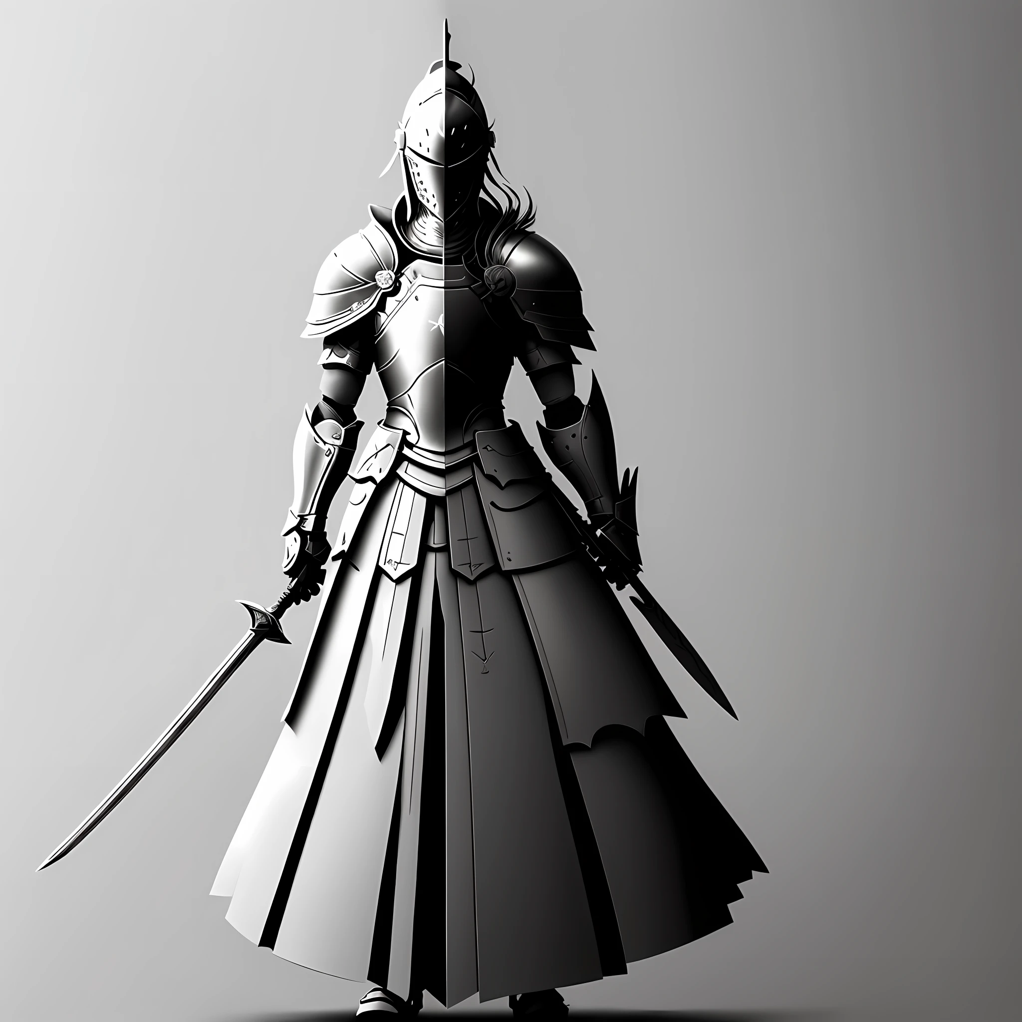 (Clean anime silhouette) + (Line art Behance HD) + (Outline drawing) + (Character design draft: 0.9) + ((Knight: 1.2) + (Excalibur) + (shield) + (Full body photo: 1.5))