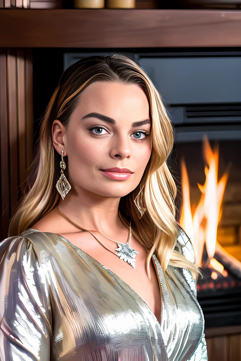 RAW, (highly detailed:1.2), (highly detailed background:1.2), reflections, refractions, (realistic:1.4) glamour photo, (Margot Robbie:1.2) in front of a cozy detailed fireplace in a mountain cabin by candlelight, necklace, moonlight, dark night, window, detailed face hair and large eyes, visible skin veins, subsurface scattering