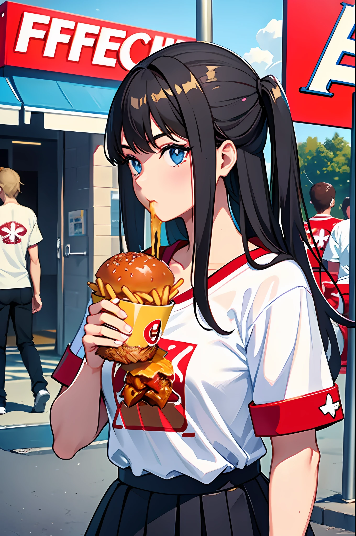 High school girl eating kfc burger in kfc print t-shirt, holding kfc burger in one hand and kfc french fries in the other