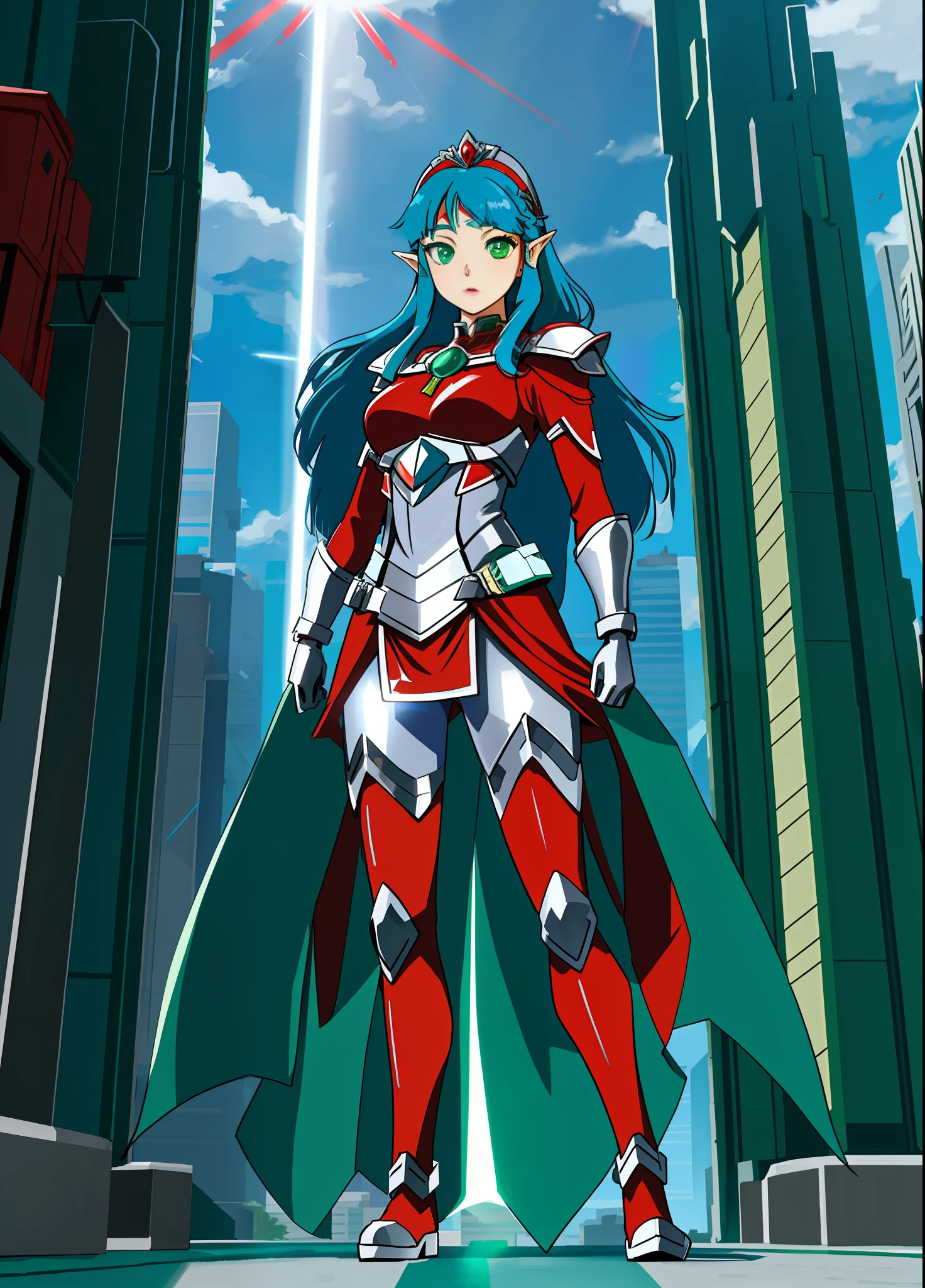 Full body image, standing, Princess Zelda giant, (red with silver costume:1.5), as Ultraman, immensely large breasts1, very tight body suit, heavy makeup on her face, light blue jewel on the breastplate, helmet on head, red lipstick on her mouth, (she green eyes:1.5, blue hair:1.5), Looking at the viewer from the front, rays of light behind, she is in a futuristic city with several monsters attacking the buildings, Tokusatsu, Ultraman, anime style, cinematic lighting, 16k, UHD, masterpiece, best quality, high details