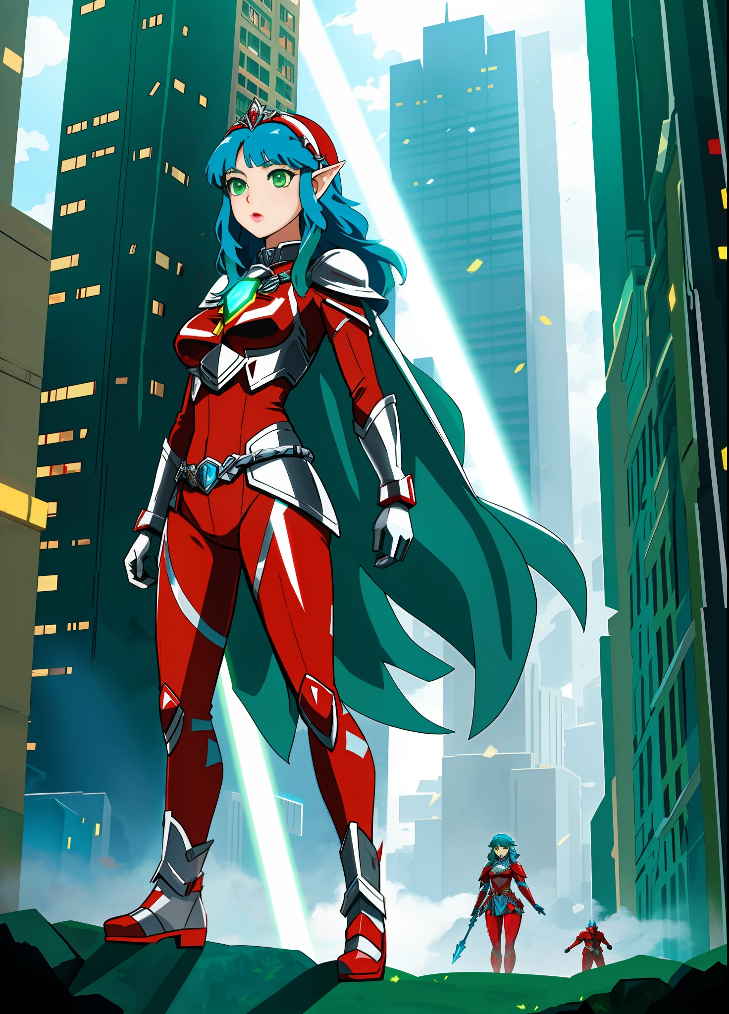 Full body image, standing, Princess Zelda giant, (red with silver costume:1.5), as Ultraman, immensely large breasts1, very tight body suit, heavy makeup on her face, light blue jewel on the breastplate, helmet on head, red lipstick on her mouth, (she green eyes:1.5, blue hair:1.5), Looking at the viewer from the front, rays of light behind, she is in a futuristic city with several monsters attacking the buildings, Tokusatsu, Ultraman, anime style, cinematic lighting, 16k, UHD, masterpiece, best quality, high details