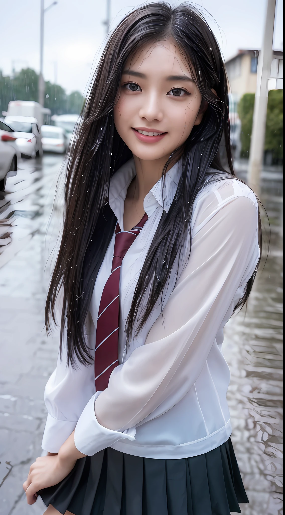 ((Top Quality, 8K, Masterpiece: 1.3)), (high detail: 1 in 1), (Focus on face),buttocks: 1.2, (Perfect Body Beauty: 1.4), ((Layered Haircut, Chest: 1.4)), (Rain:1.6), (in Street), (Wearing a (wet:1.4) white school Uniform with miniskirt and Loose Tie), Very detailed face and skin texture, narrow eyes, double eyelids, whitening skin, long hair, (Shut up: 1.3), smile,extra, real photo, psd, lamp film photography, sharp focus, contrast lighting, detailed skin, high resolution 8k, crazy detail, realistic, professional photography, 8k uhd, SLR camera, soft lighting, high quality, film grain, fujifilm XT3,