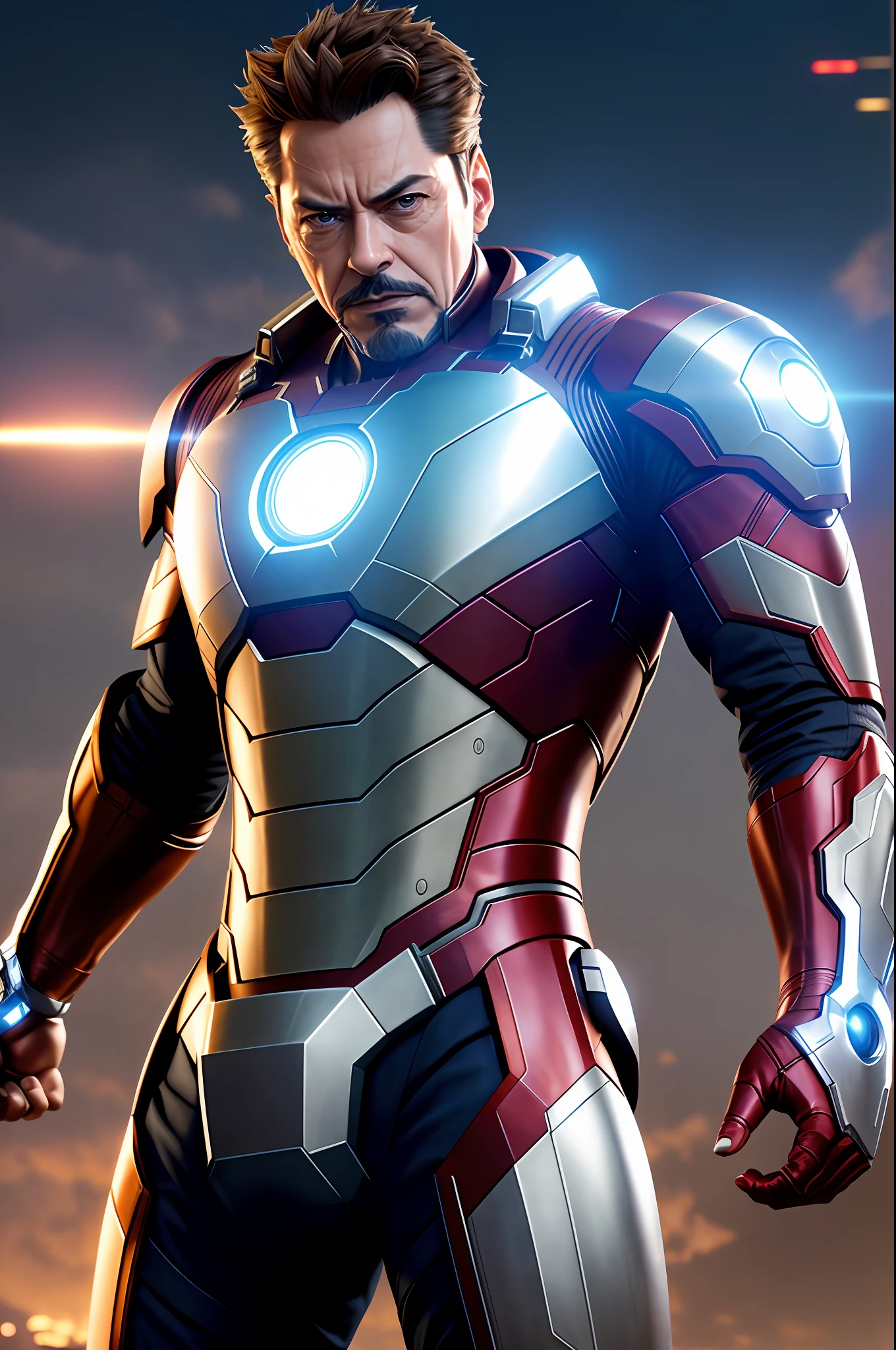 Marvel, Old man Tony Stark, realistically, dynamic lights, old, gray stubble, full shoot, (extremely detailed CG unity 8k wallpaper), trending on ArtStation, trending on CGSociety, High Detail, Sharp focus, dramatic, photorealistic