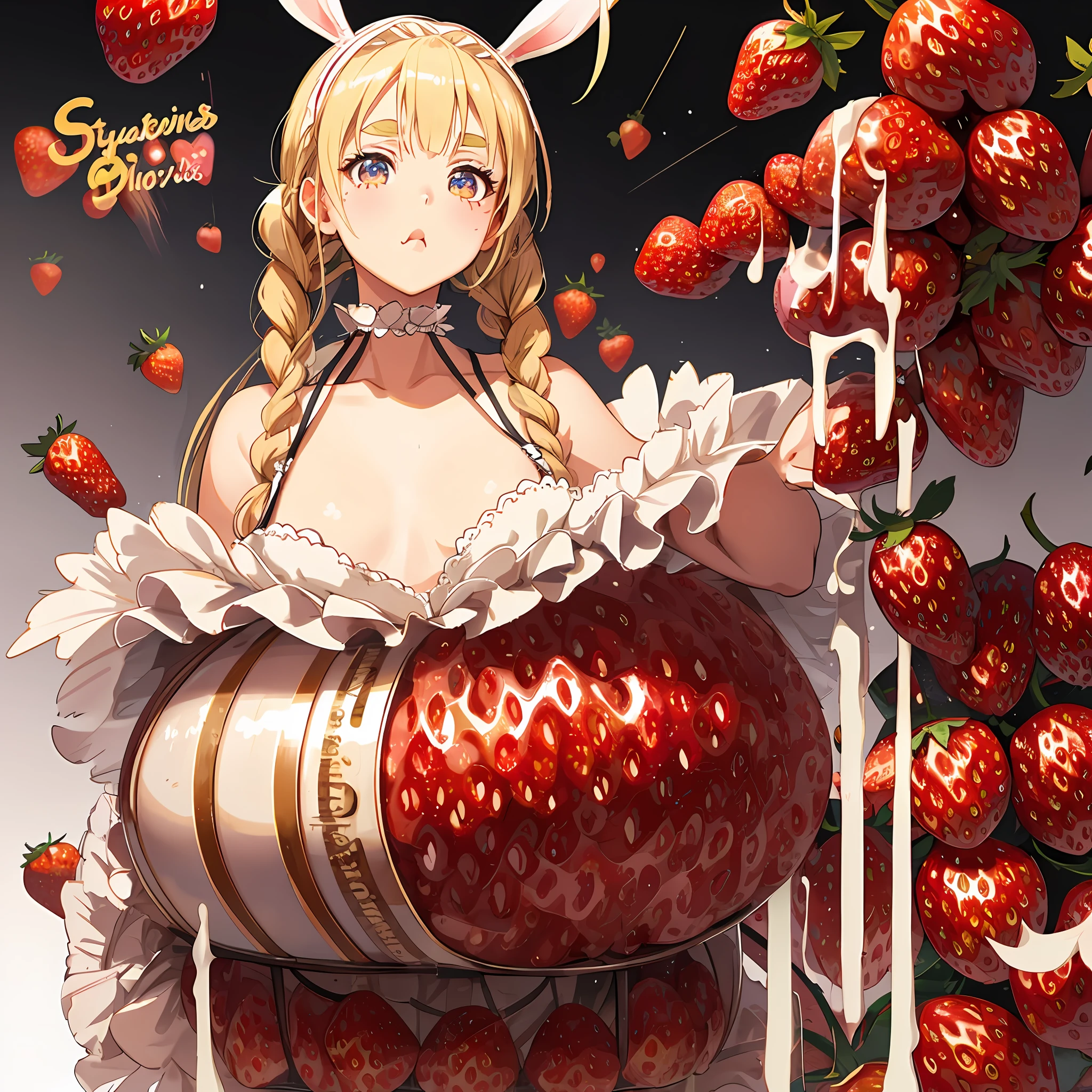 Pigtails, small, nipple seals, huge thighs, thick eyebrows, rabbits, thin waist, female brat, beautiful blonde, braids, strawberries, eating strawberries, full body focus, (masterpiece), ((highest quality)), (super detailed), one girl, solo, (beautiful eyes)), beautiful detailed eyes, clean and detailed face, five fingers, textile shading, perfect anatomy,